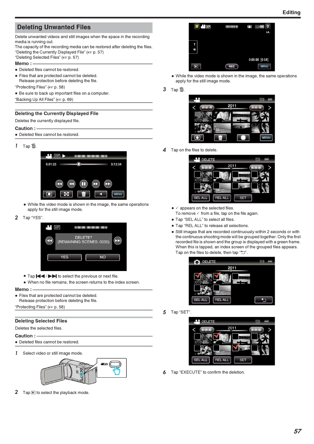 JVC GZ-HM450, GZ-HM670, GZ-HM690 Deleting Unwanted Files, Deleting the Currently Displayed File, Deleting Selected Files 