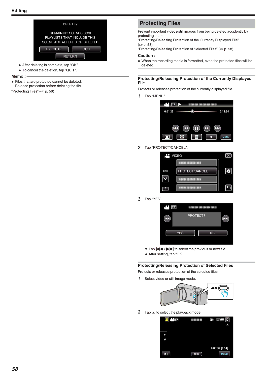 JVC GZ-HM650, GZ-HM670, GZ-HM690, GZ-HM450, GZ-HM440 manual Protecting Files, Protecting/Releasing Protection of Selected Files 