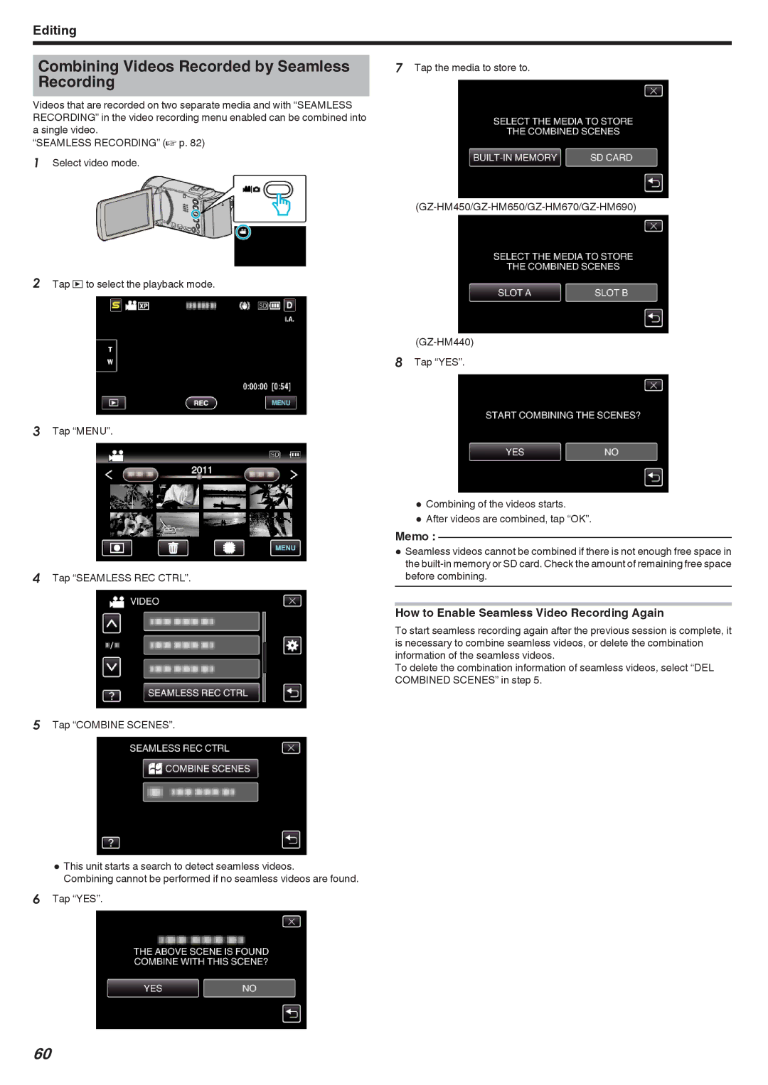 JVC GZ-HM670, GZ-HM690, GZ-HM450 manual Combining Videos Recorded by Seamless, How to Enable Seamless Video Recording Again 