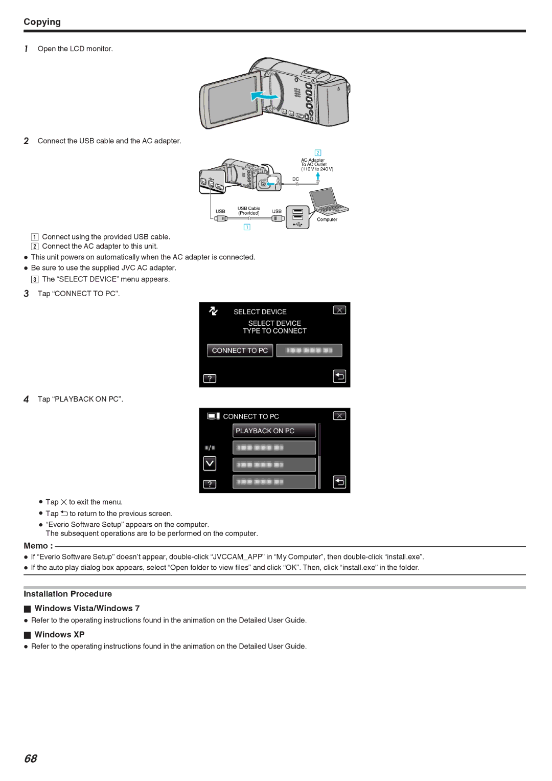 JVC GZ-HM650, GZ-HM670, GZ-HM690, GZ-HM450, GZ-HM440 manual Installation Procedure Windows Vista/Windows 