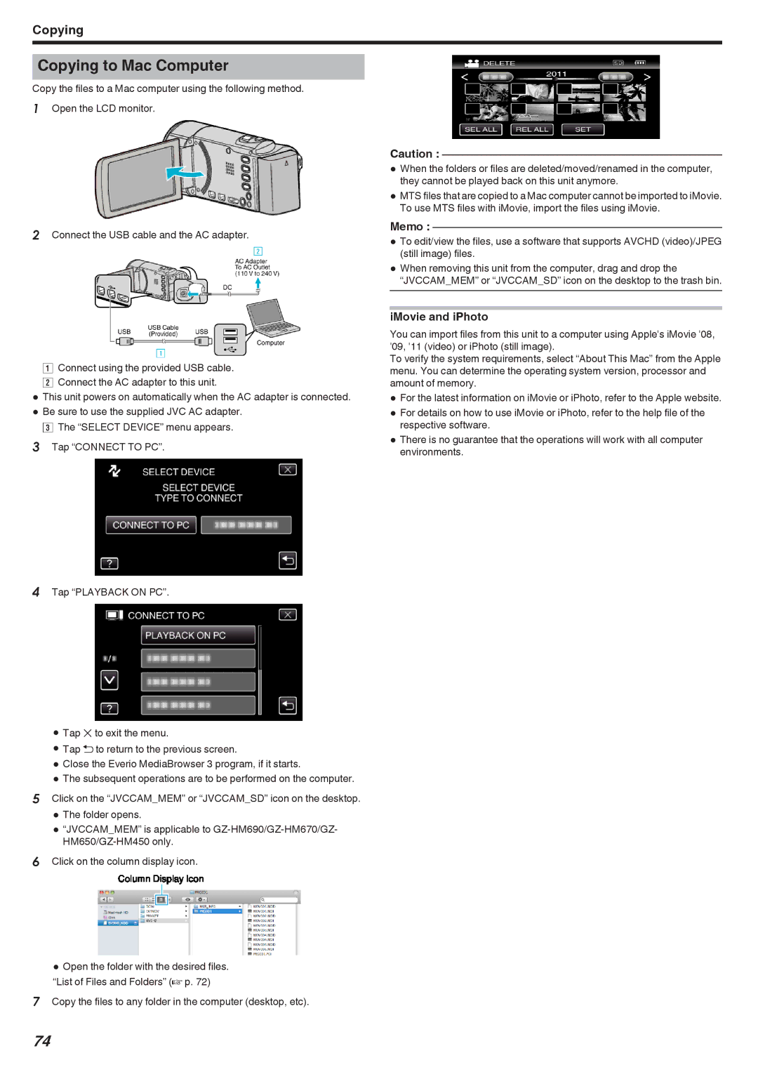 JVC GZ-HM440, GZ-HM670, GZ-HM690, GZ-HM450, GZ-HM650 manual Copying to Mac Computer, IMovie and iPhoto 