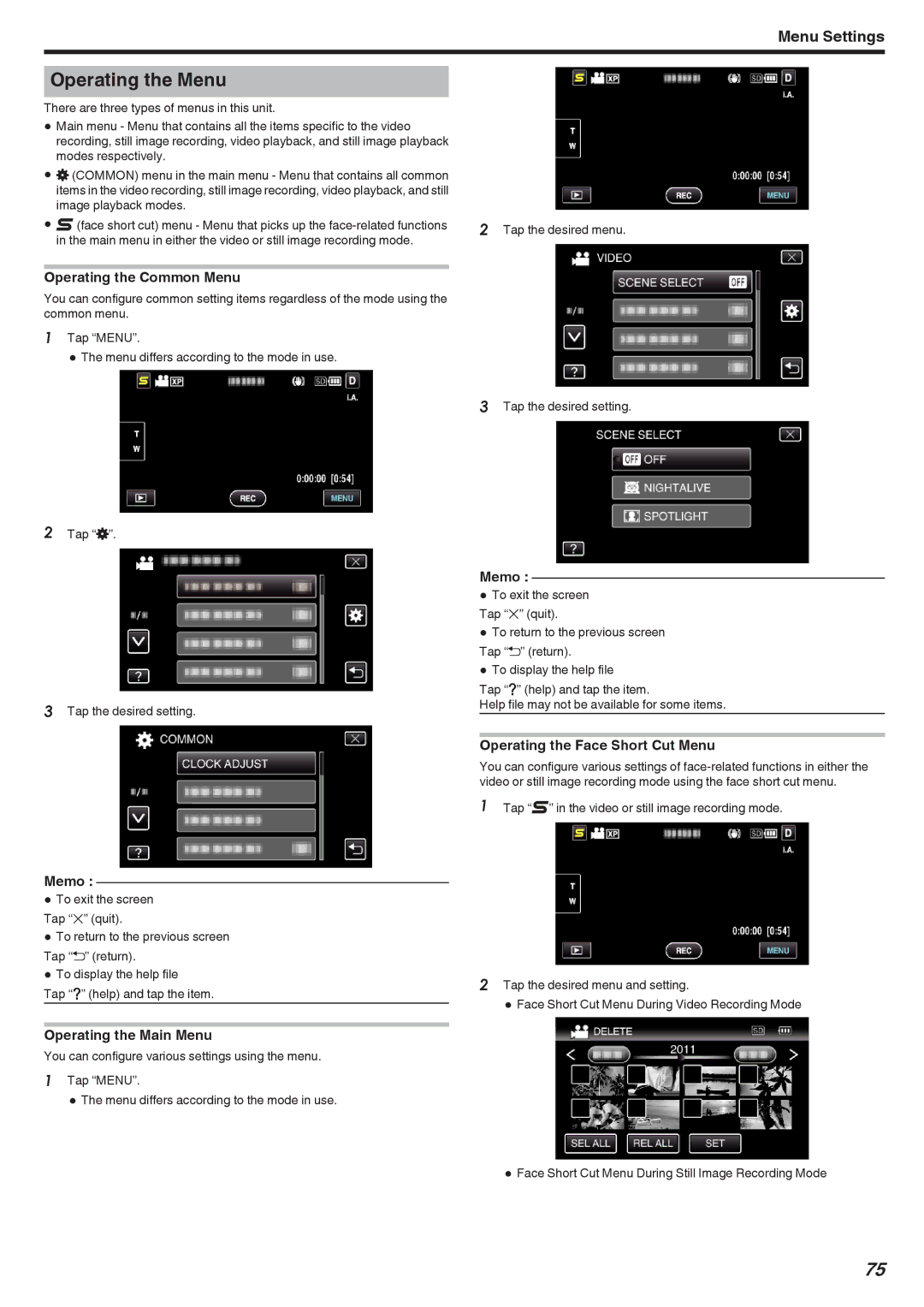 JVC GZ-HM670 Operating the Menu, Operating the Common Menu, Operating the Main Menu, Operating the Face Short Cut Menu 