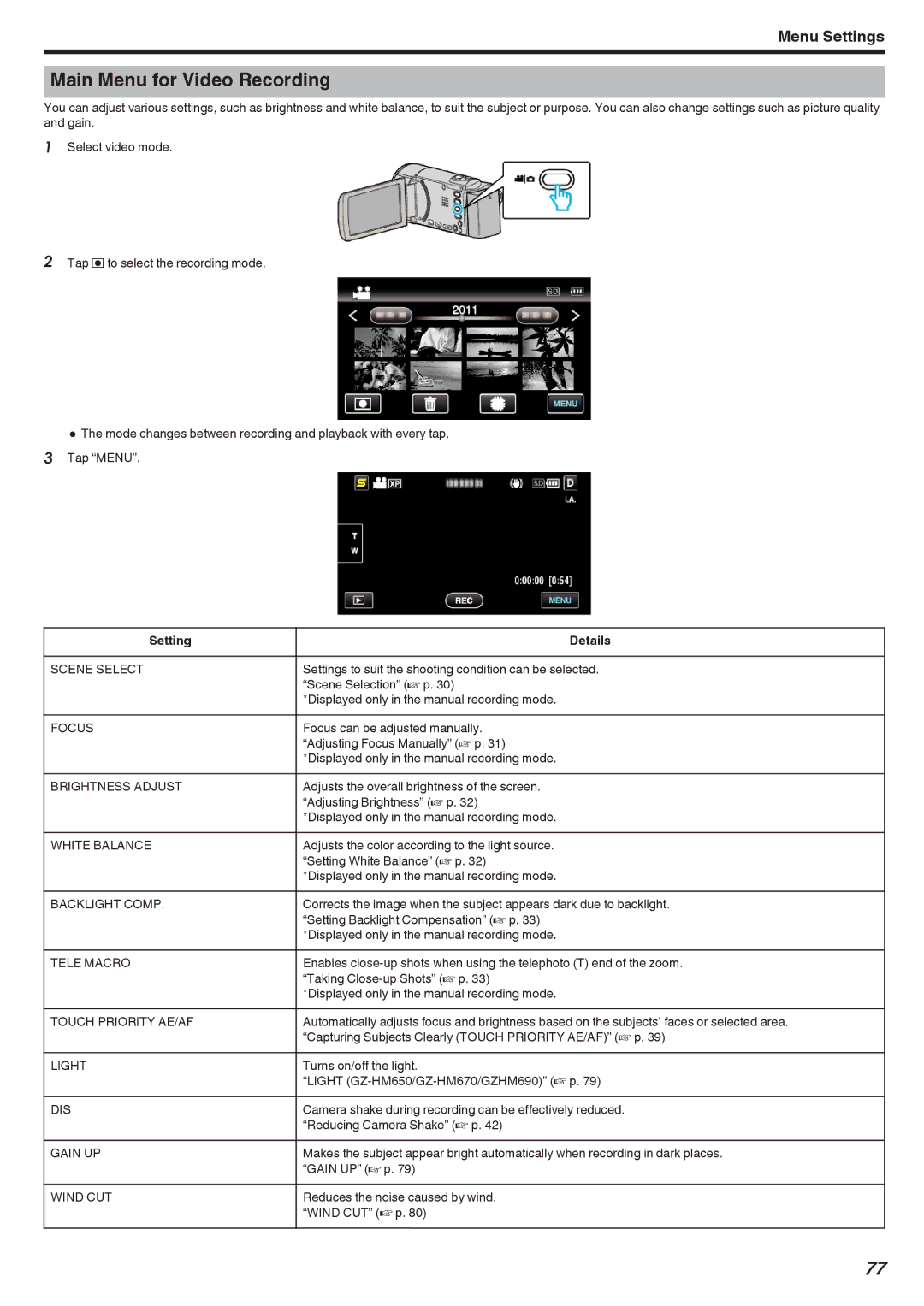 JVC GZ-HM450, GZ-HM670, GZ-HM690, GZ-HM650, GZ-HM440 manual Main Menu for Video Recording 