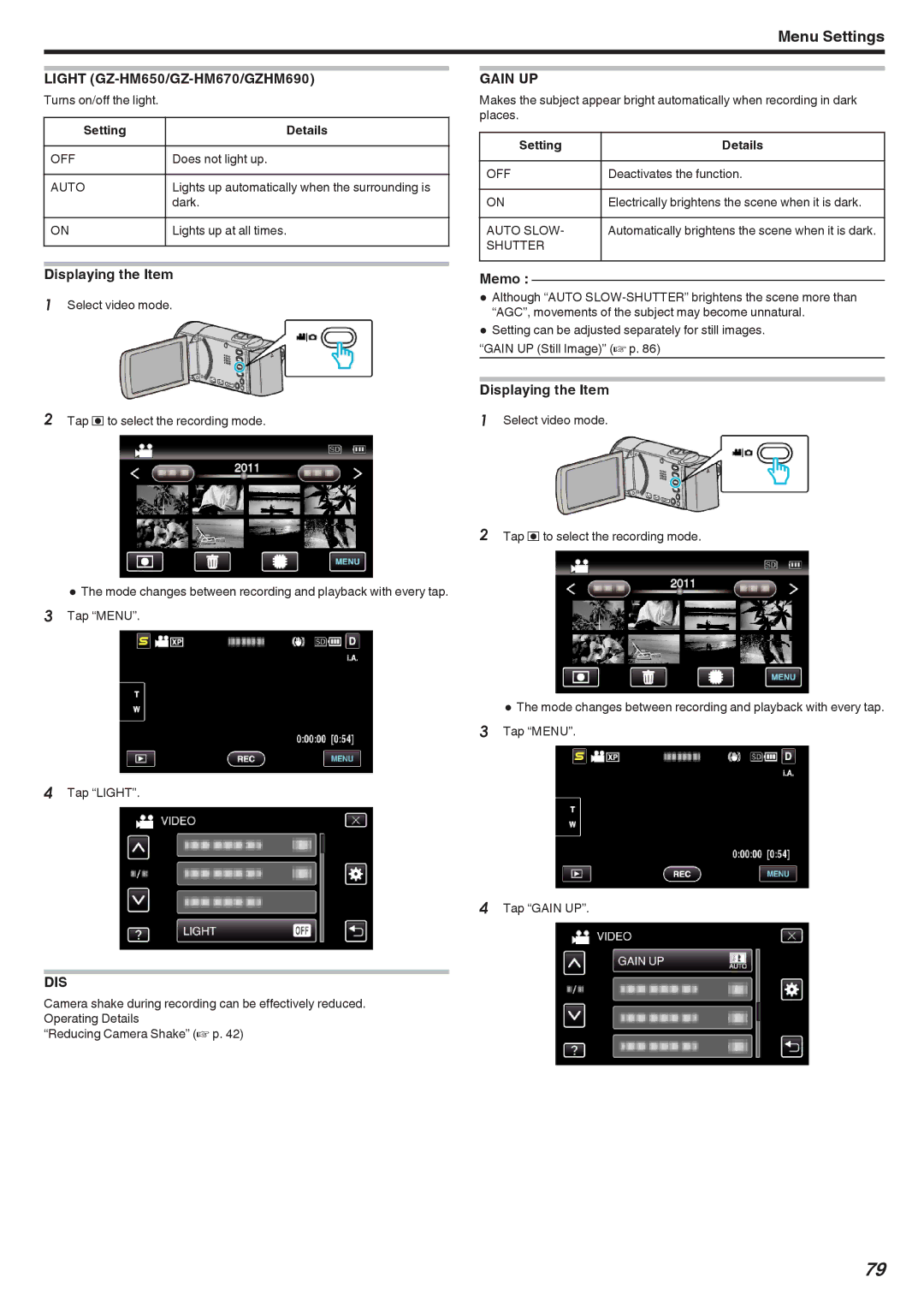 JVC GZ-HM440, GZ-HM690, GZ-HM450 manual Light GZ-HM650/GZ-HM670/GZHM690, Displaying the Item, Gain UP 