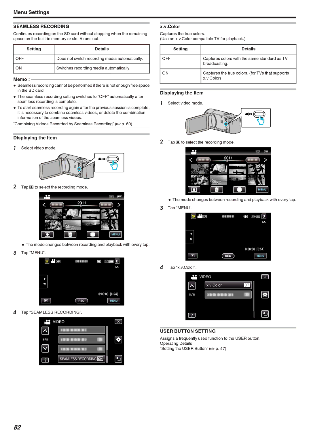 JVC GZ-HM450, GZ-HM670, GZ-HM690, GZ-HM650, GZ-HM440 manual Seamless Recording, Color, User Button Setting 