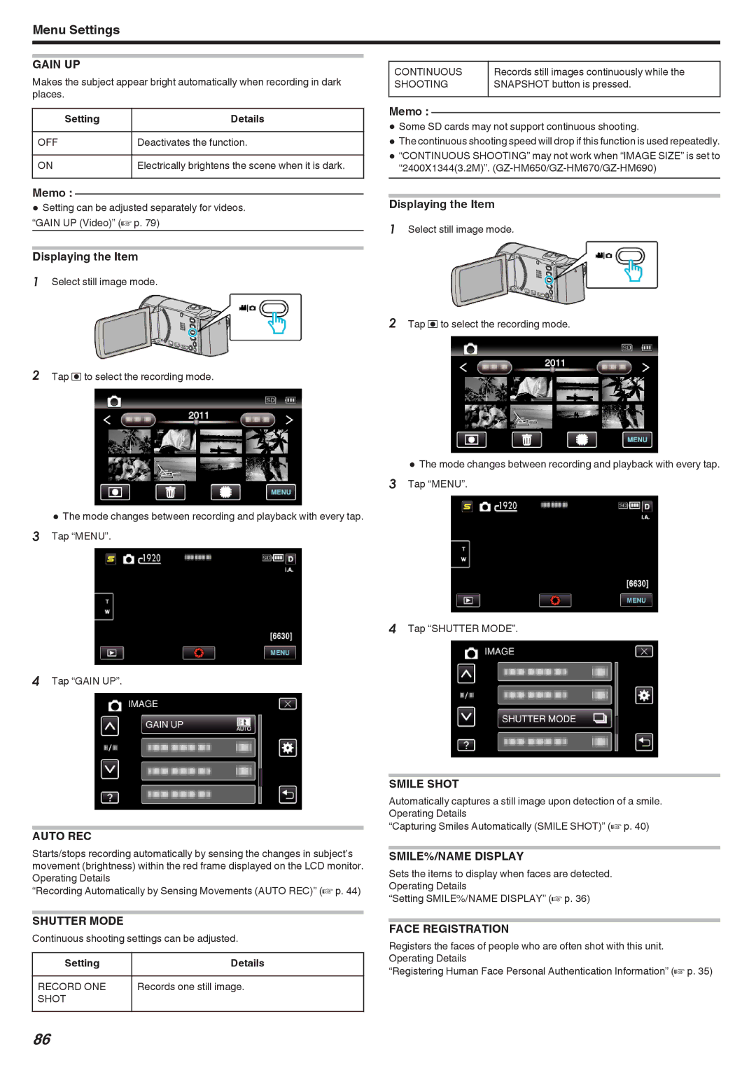 JVC GZ-HM690, GZ-HM670, GZ-HM450, GZ-HM650, GZ-HM440 manual Shutter Mode, Record ONE, Shot Continuous, Shooting 