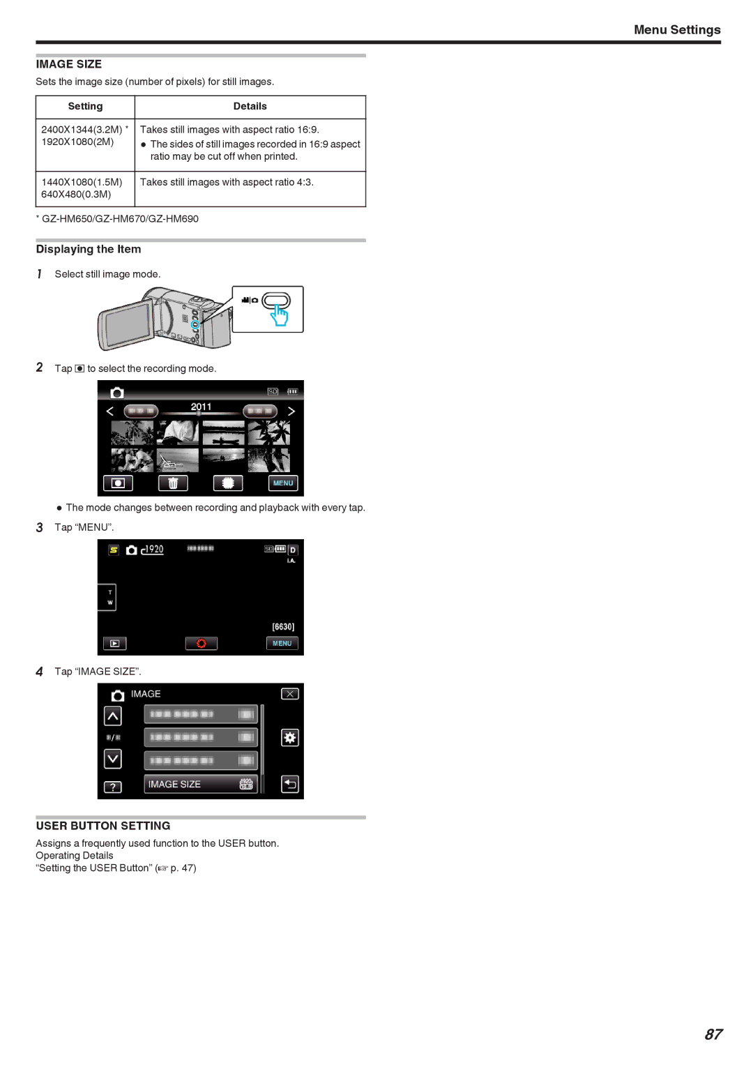 JVC GZ-HM450, GZ-HM670, GZ-HM690, GZ-HM650, GZ-HM440 manual Image Size, User Button Setting 