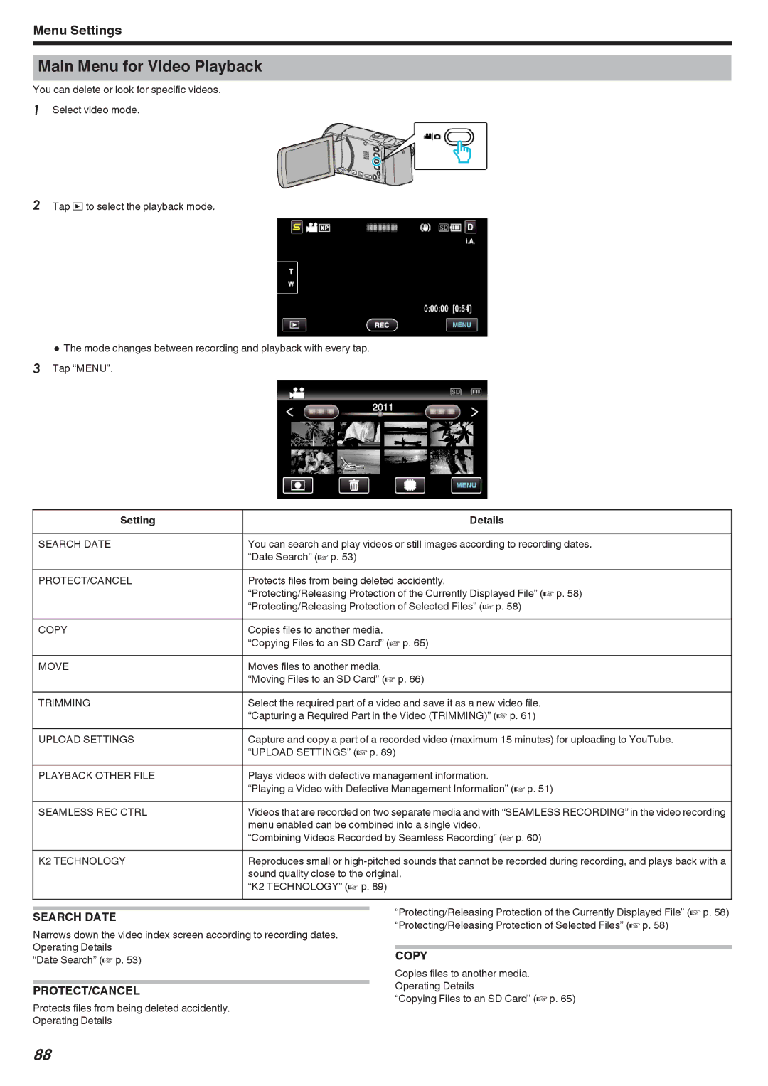 JVC GZ-HM650, GZ-HM670, GZ-HM690, GZ-HM450, GZ-HM440 manual Main Menu for Video Playback, Search Date, Protect/Cancel, Copy 