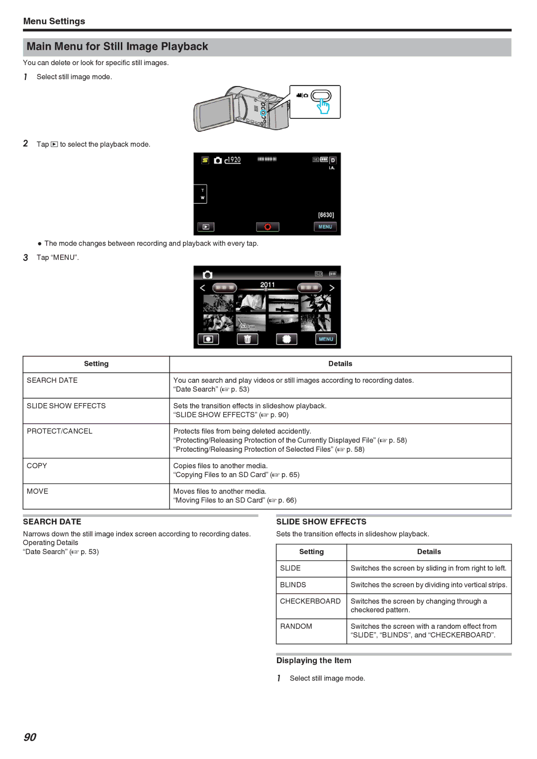 JVC GZ-HM670, GZ-HM690, GZ-HM450, GZ-HM650, GZ-HM440 manual Main Menu for Still Image Playback, Slide Show Effects 