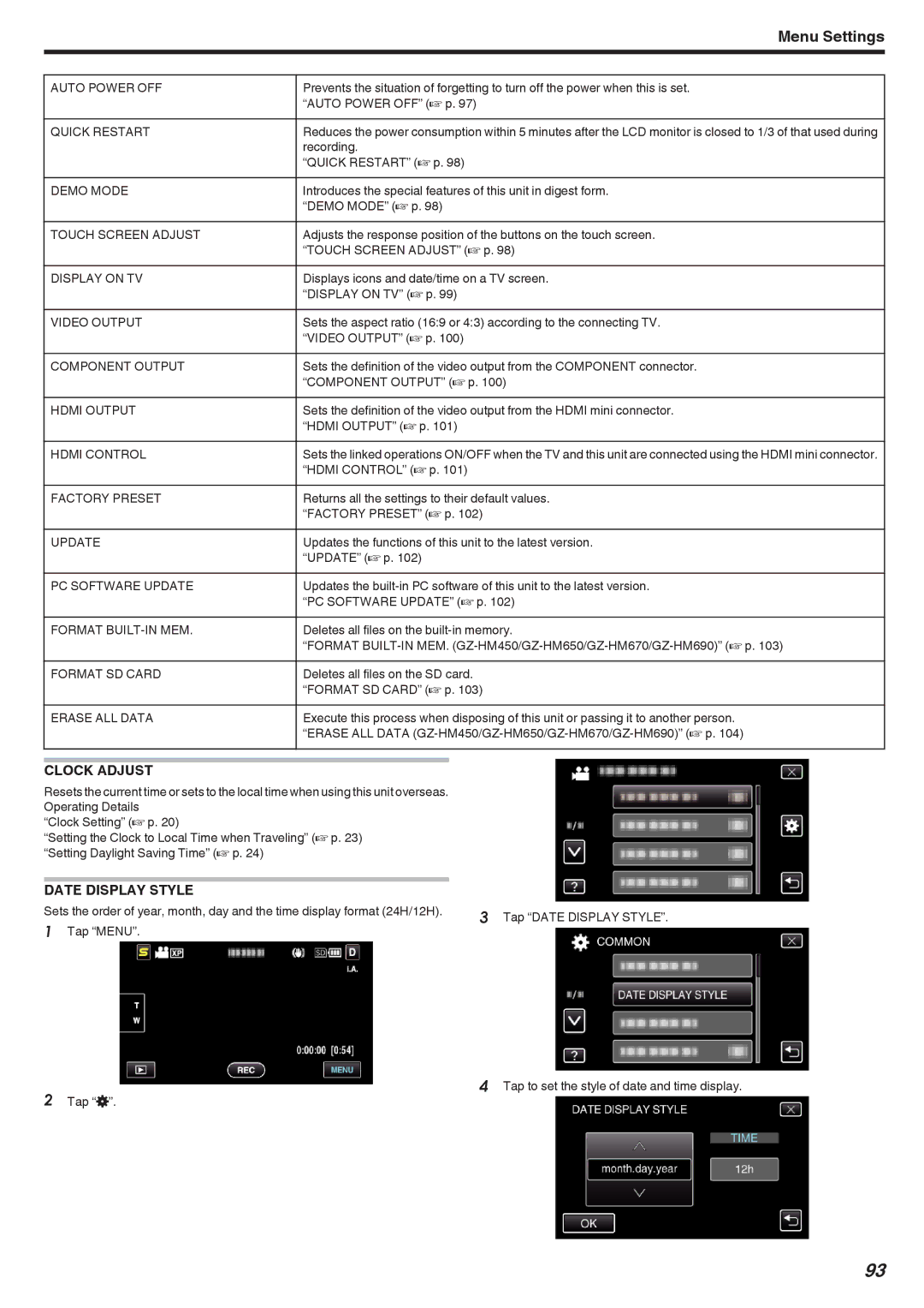 JVC GZ-HM650, GZ-HM670, GZ-HM690, GZ-HM450, GZ-HM440 manual Clock Adjust, Date Display Style 