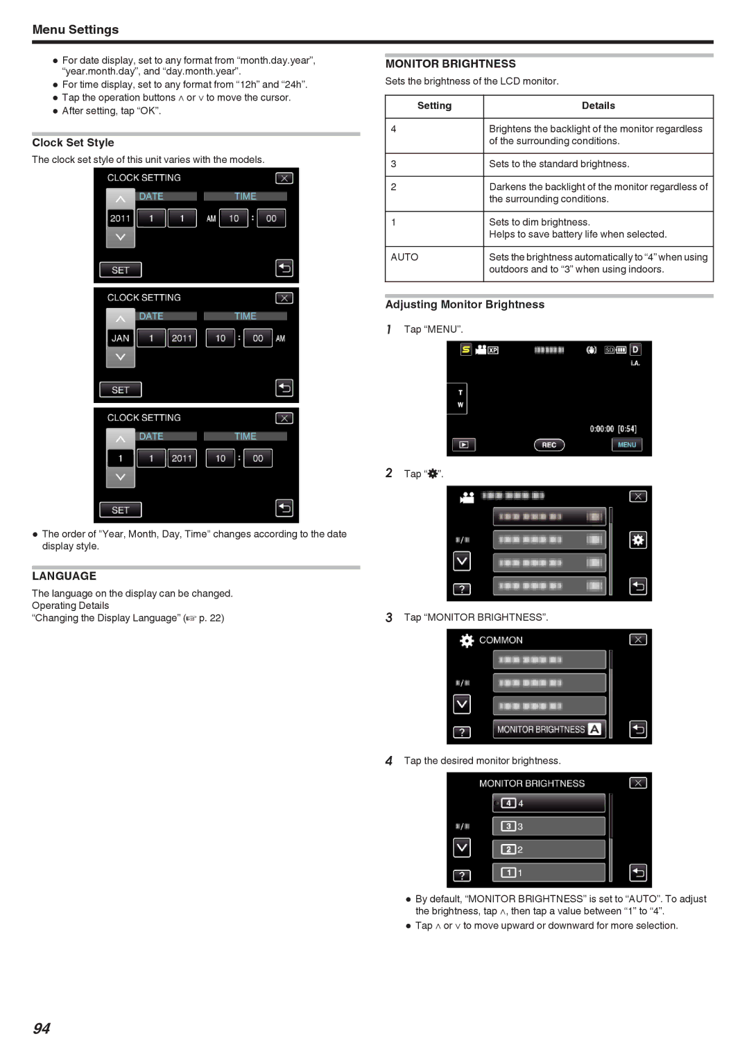 JVC GZ-HM440, GZ-HM670, GZ-HM690, GZ-HM450, GZ-HM650 manual Clock Set Style, Adjusting Monitor Brightness, Language 