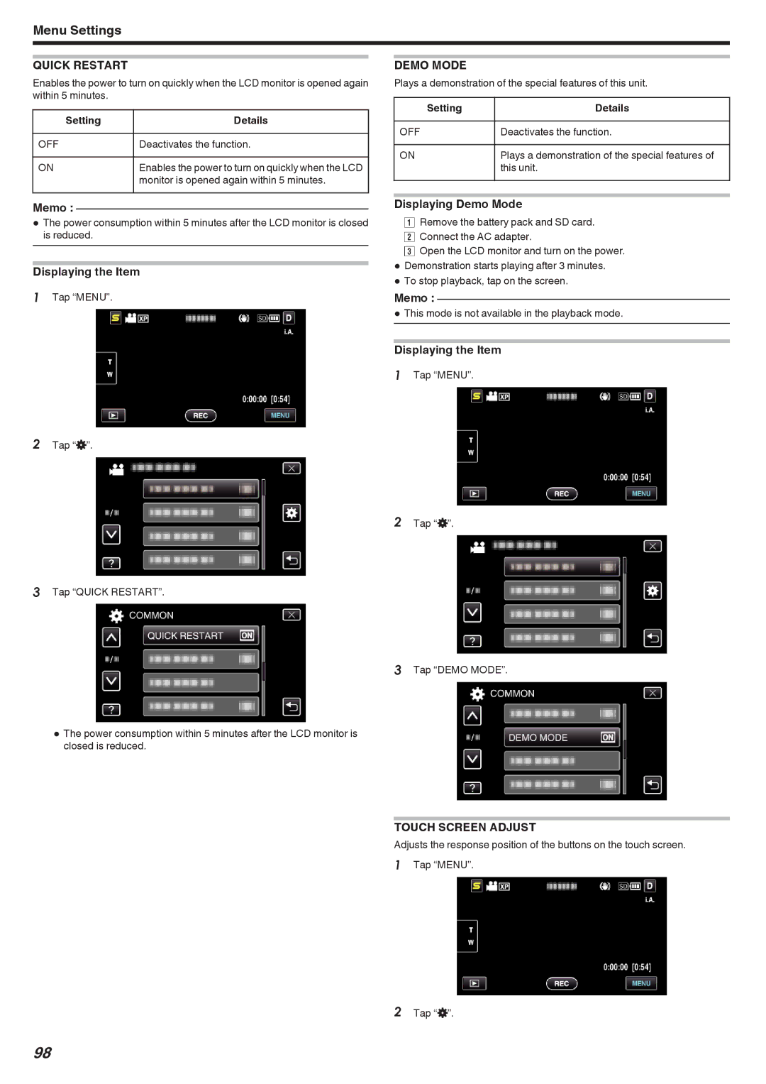 JVC GZ-HM650, GZ-HM670, GZ-HM690, GZ-HM450, GZ-HM440 manual Quick Restart, Displaying Demo Mode, Touch Screen Adjust 