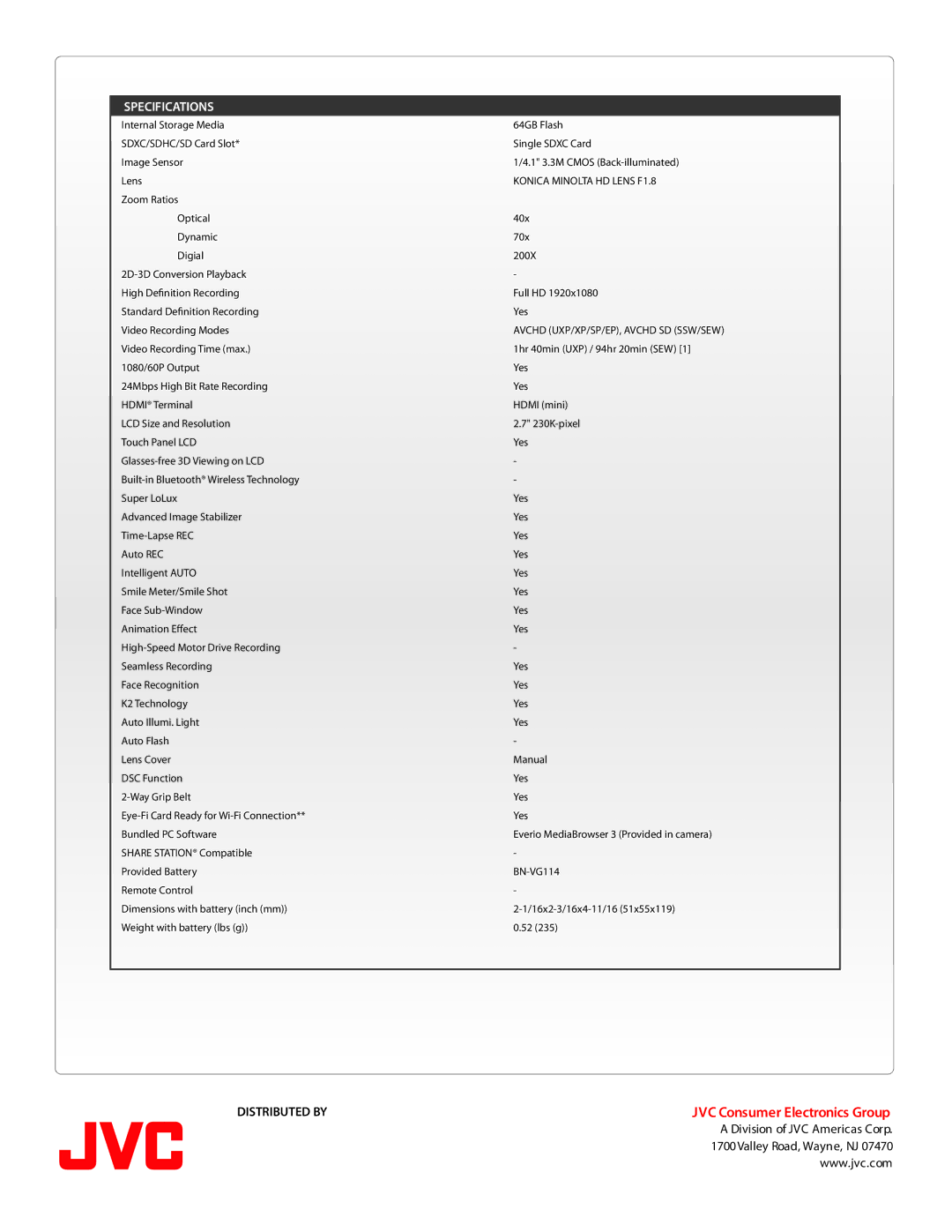 JVC GZ-HM690B manual Specifications, Konica Minolta HD Lens F1.8 