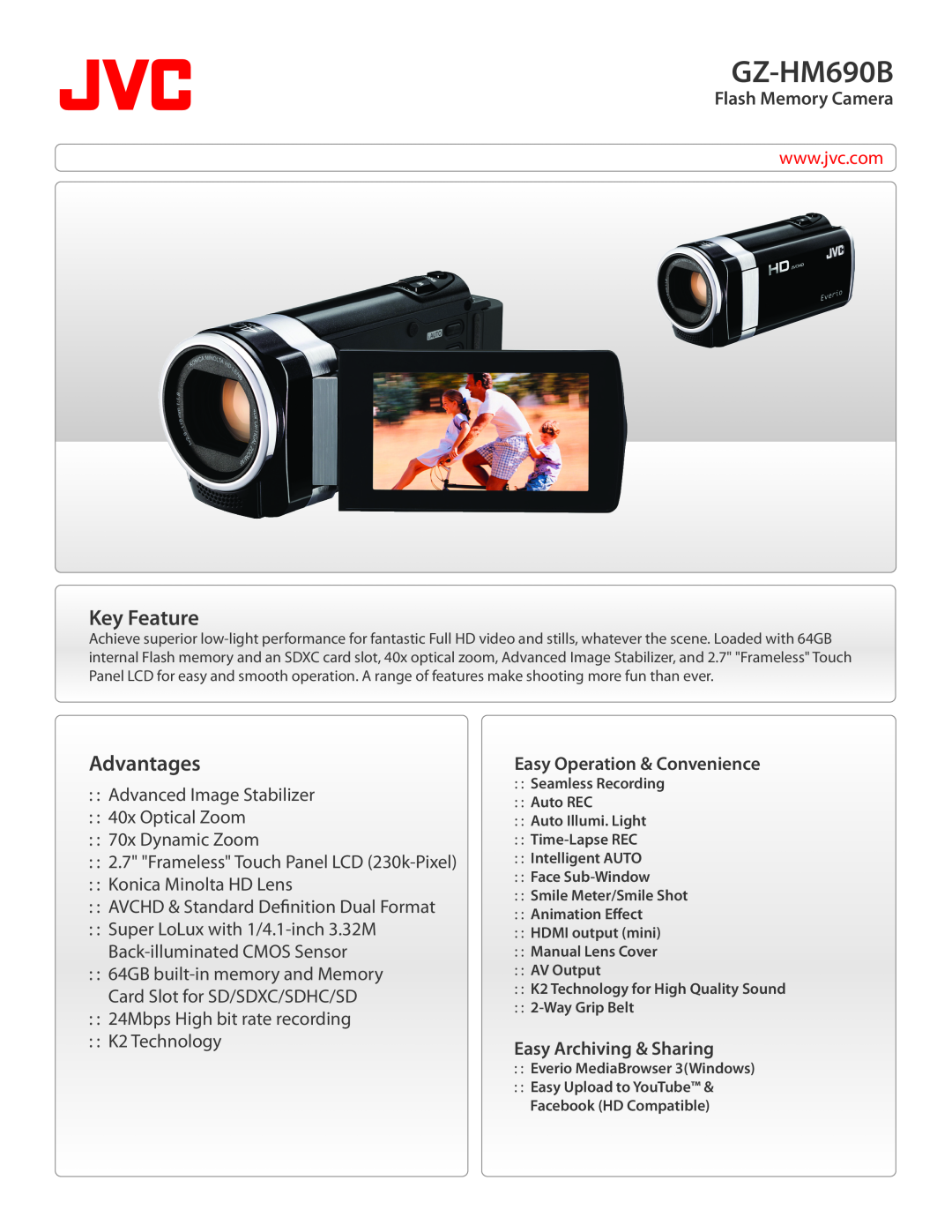 JVC GZ-HM690B manual Key Feature, Advantages, Flash Memory Camera, AVCHD & Standard Denition Dual Format 