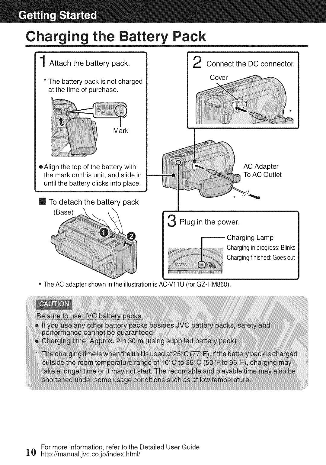 JVC GZ-HM860U, GZ-HM960U manual Charging the Battery Pack 