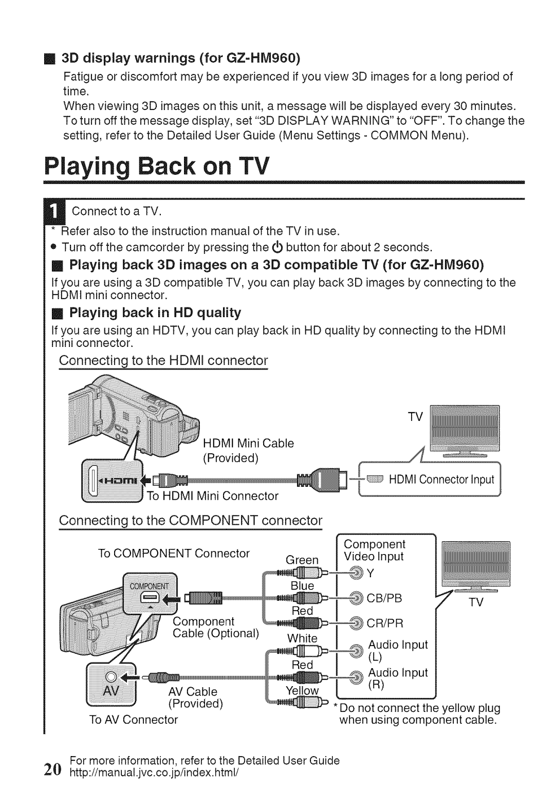 JVC GZ-HM860U, GZ-HM960U manual Playing Back on TV, Playing back 3D images on a 3D compatible TV for GZ=HM960, Cb/Pb Cr/Pr 