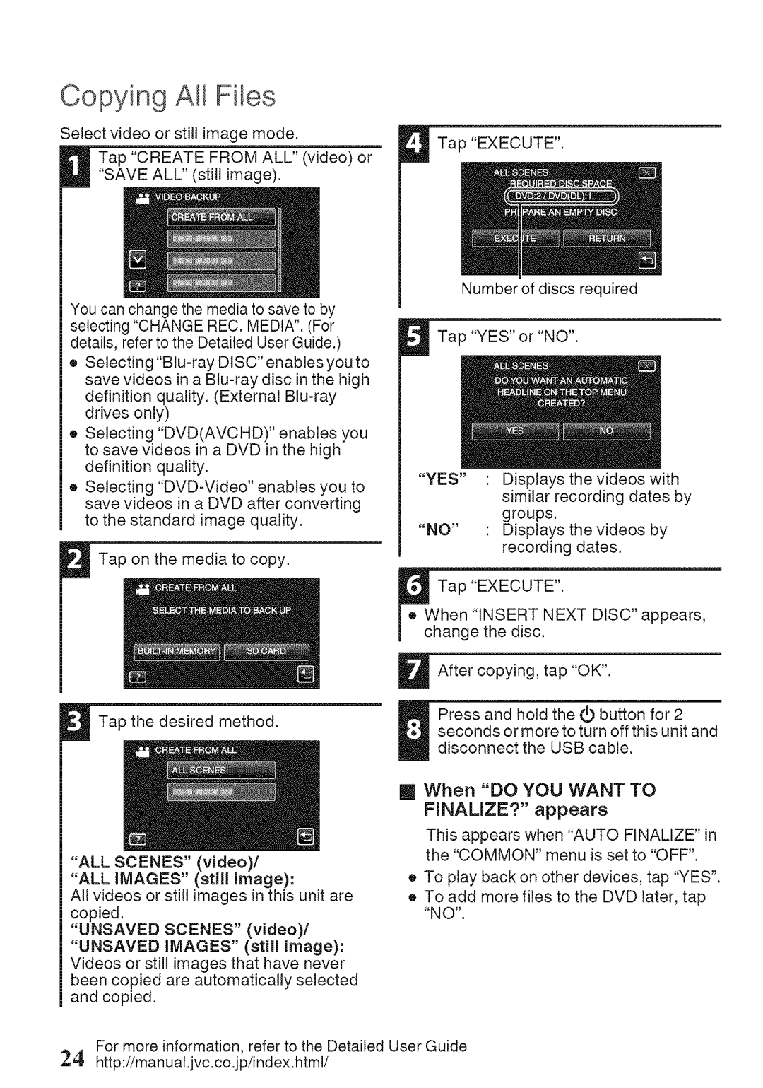 JVC GZ-HM860U, GZ-HM960U manual Copying AJl Files, ALL Scenes video/ ALL Images still image, FINALIZE? appears 