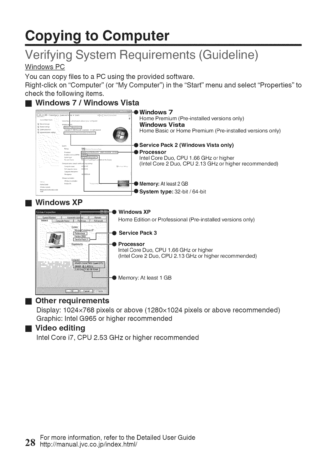 JVC GZ-HM860U, GZ-HM960U manual Copying to Computer, Verifying System Requirements Guideline 