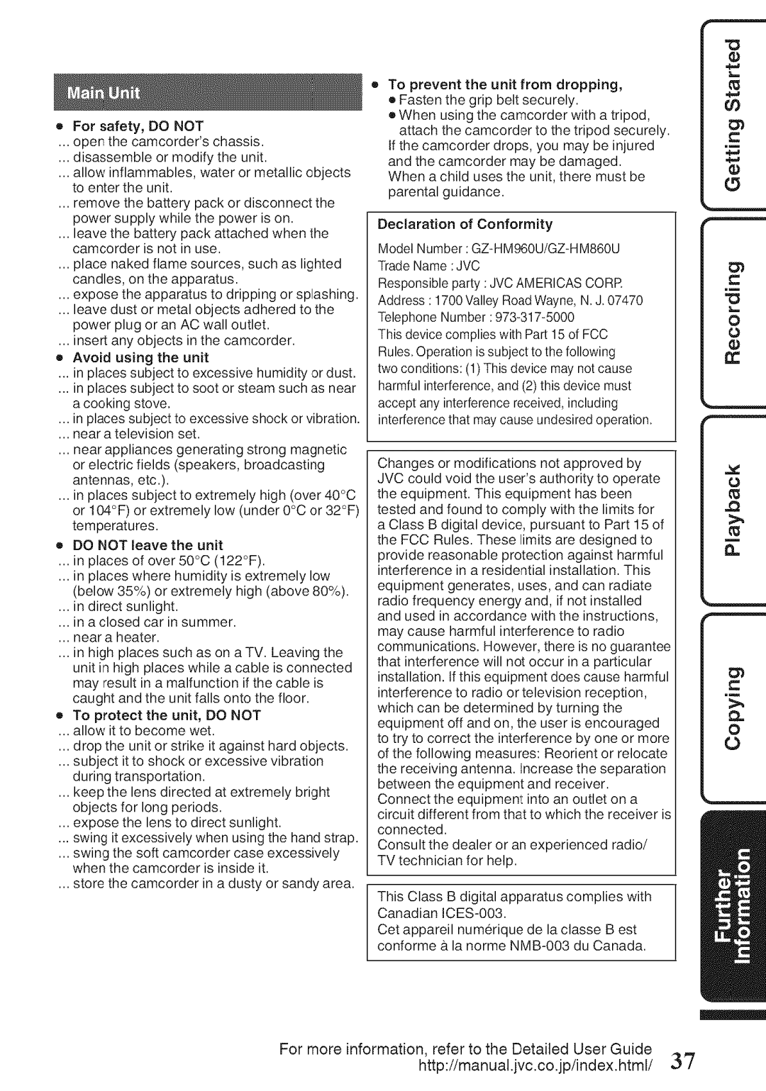 JVC GZ-HM960U, GZ-HM860U Forsafety,DONOT, Toentertheunit, Camcorderisnotinuse, Candles,ontheapparatus, Avoidusingtheunit 