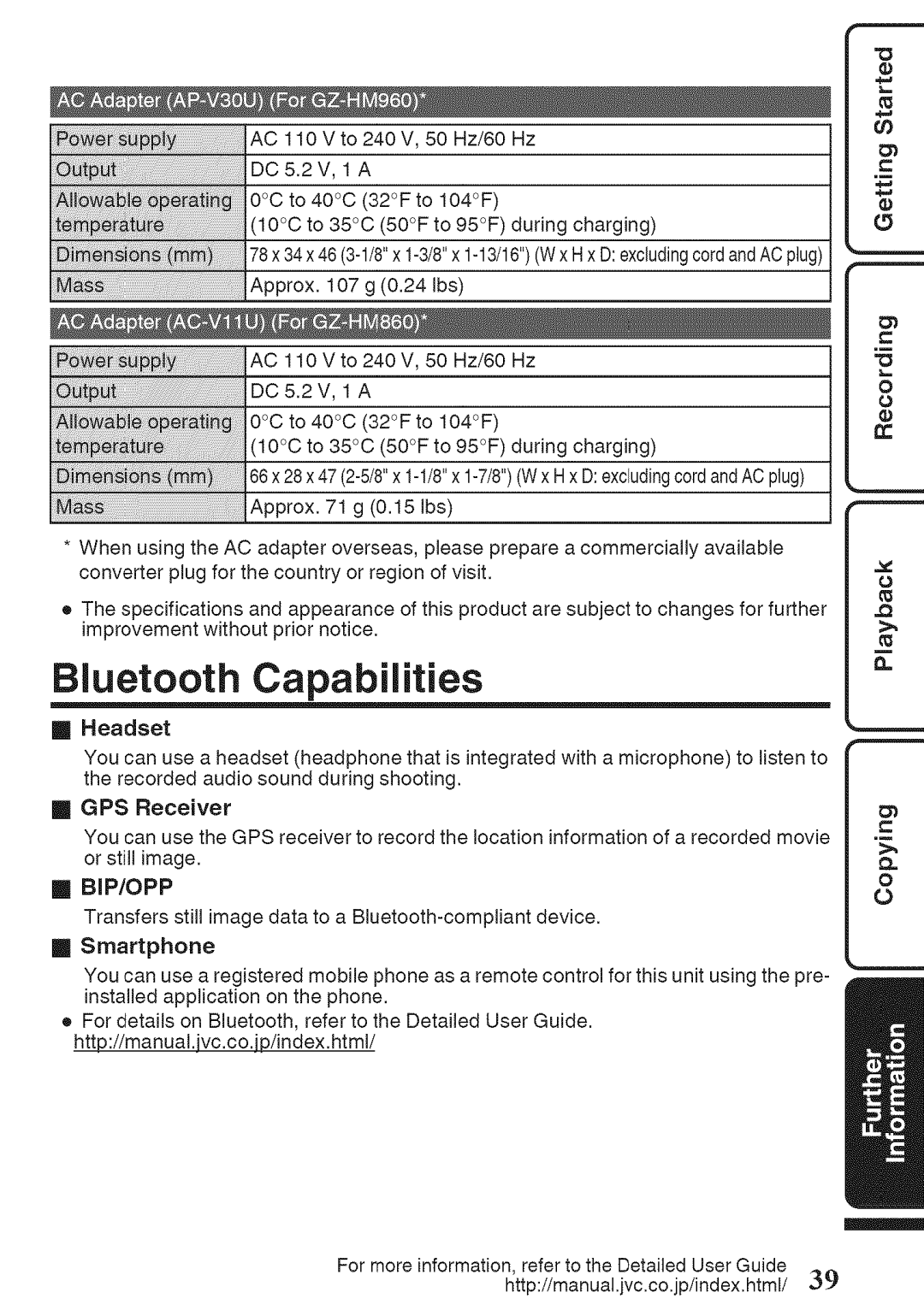 JVC GZ-HM960U, GZ-HM860U manual Biuetooth Capabilities, Bip/Opp 