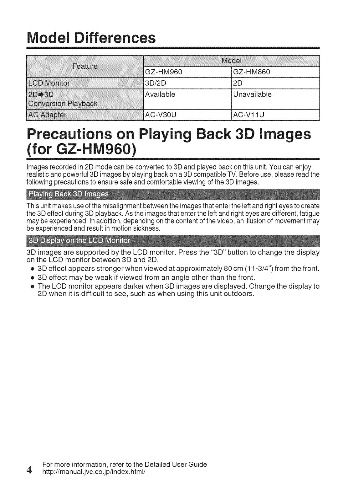 JVC GZ-HM860U, GZ-HM960U manual Model Differences, Precautions on Playing Back 3D Images 