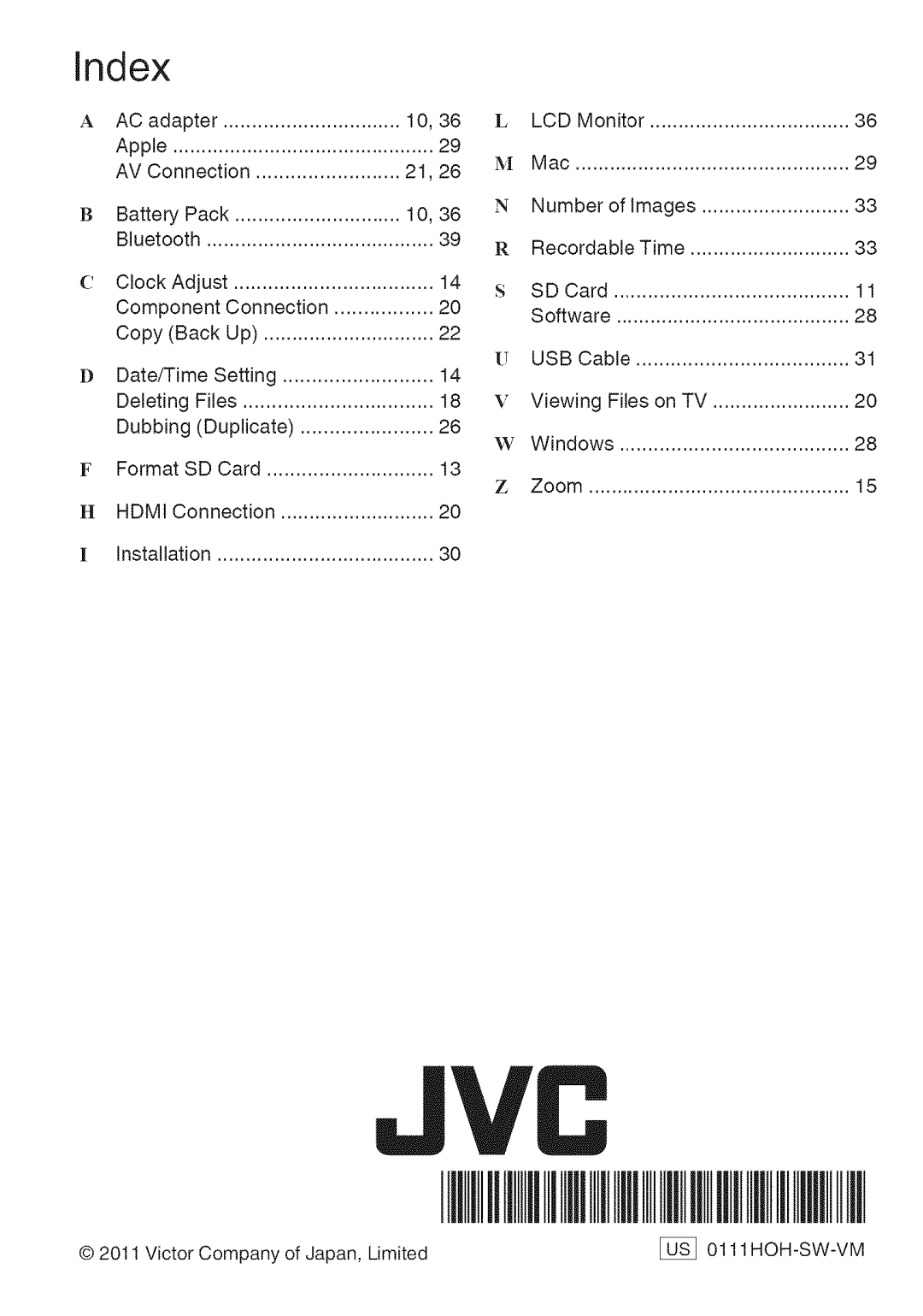 JVC GZ-HM860U, GZ-HM960U manual Index 