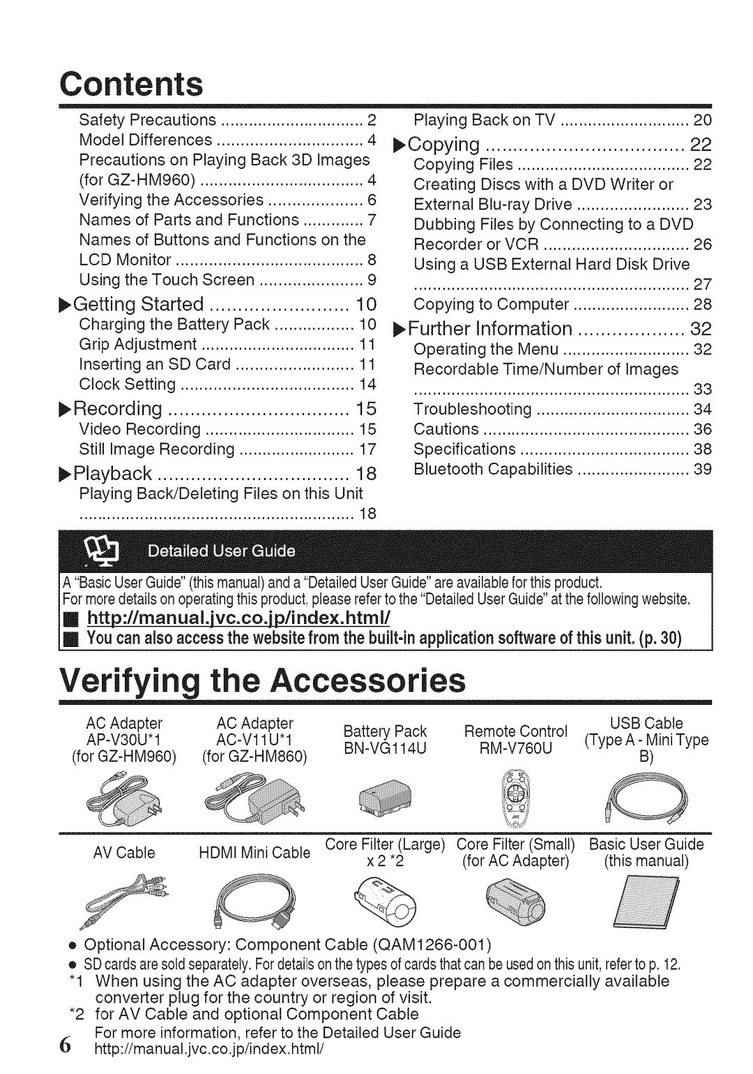 JVC GZ-HM860U, GZ-HM960U manual Contents, Verifying, Accessories 