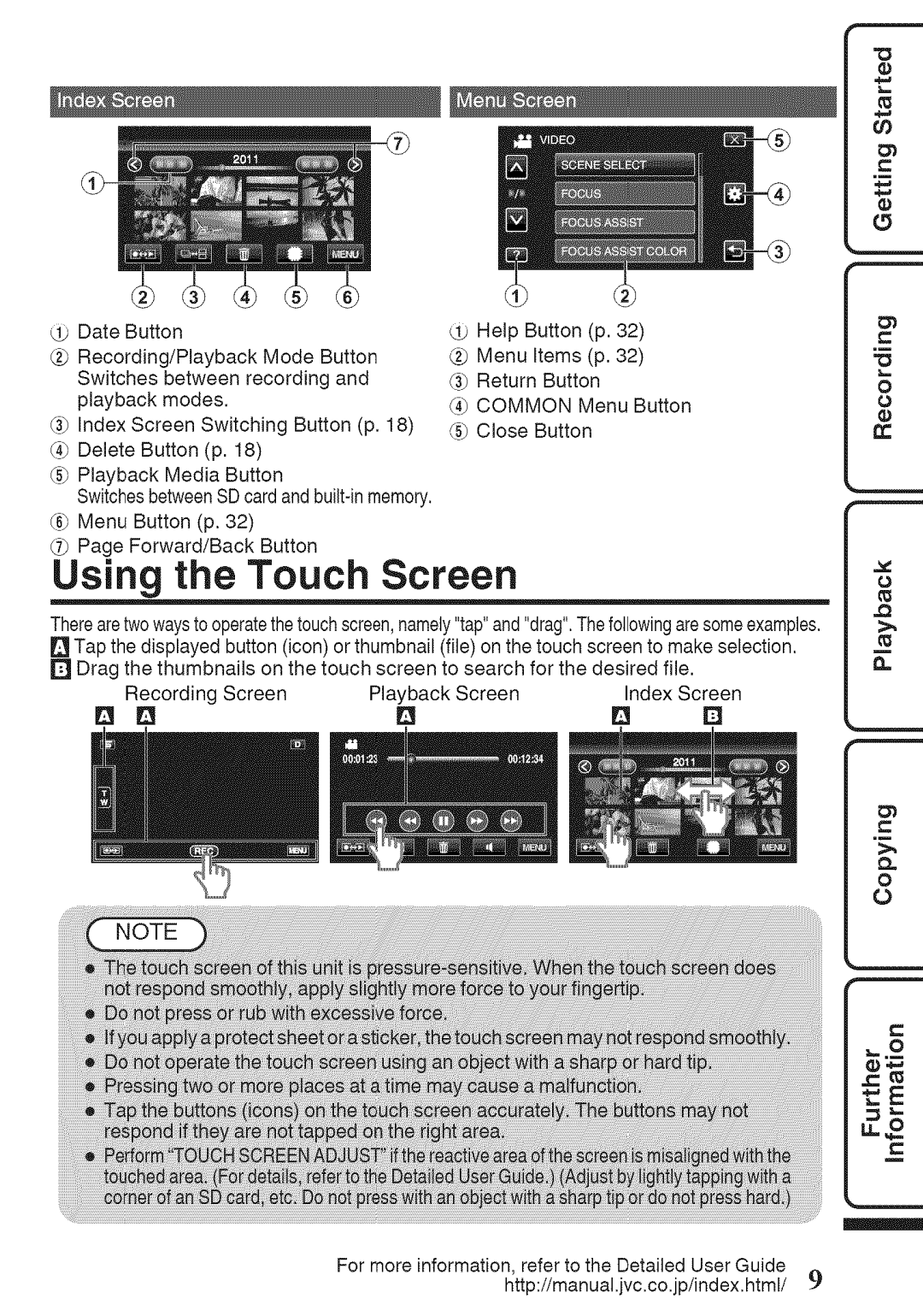 JVC GZ-HM960U, GZ-HM860U manual Using the Touch Screen 