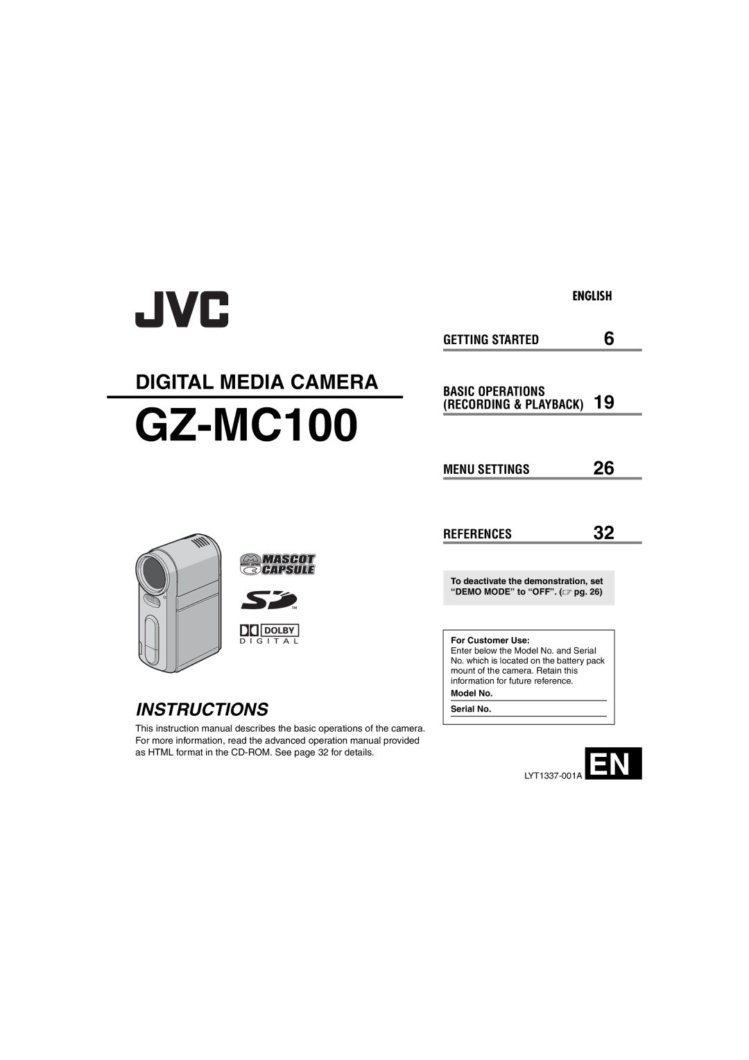 JVC GZ-MC100US instruction manual Model No Serial No 