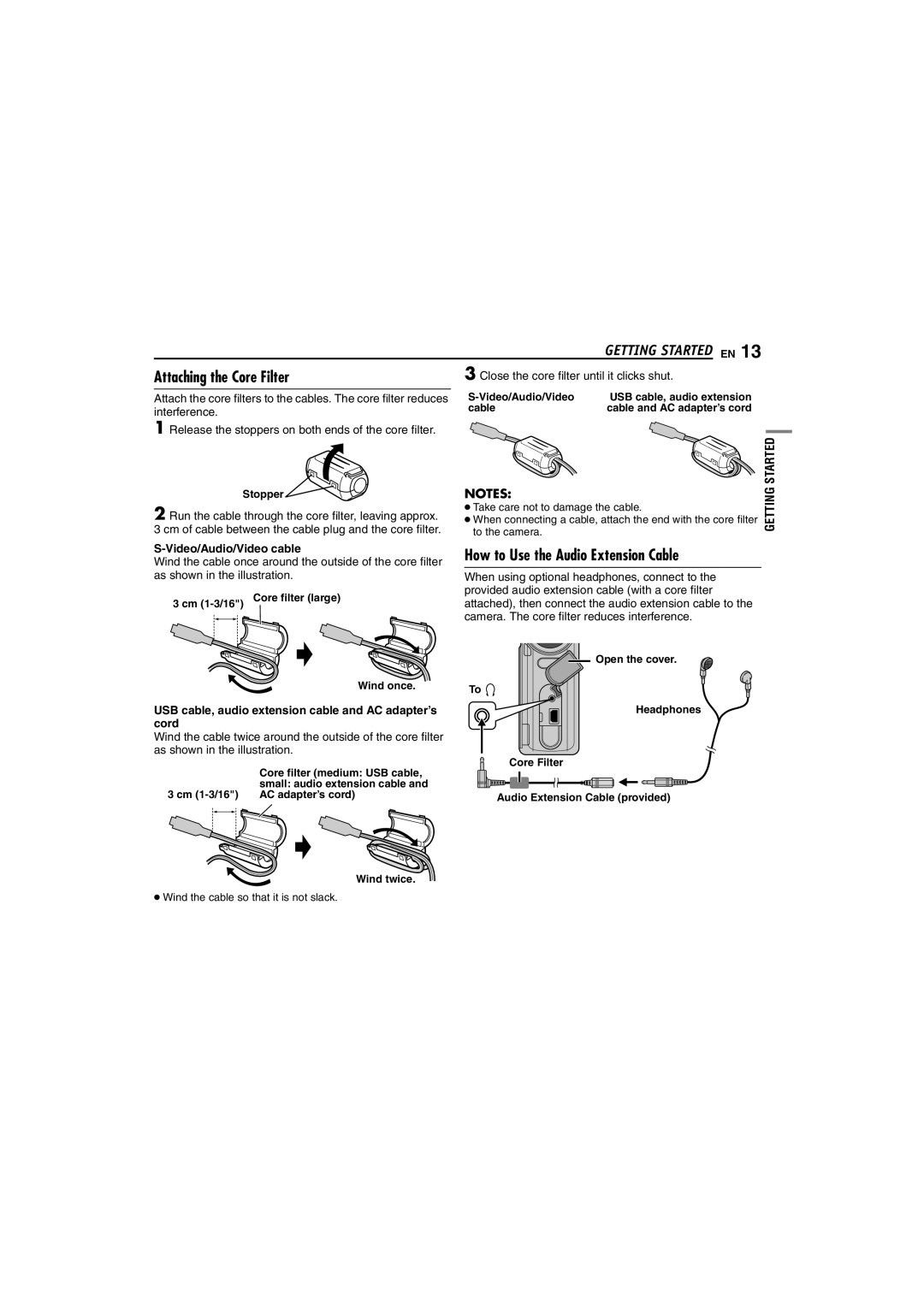 JVC GZ-MC100US instruction manual Attaching the Core Filter, How to Use the Audio Extension Cable, Getting Started 