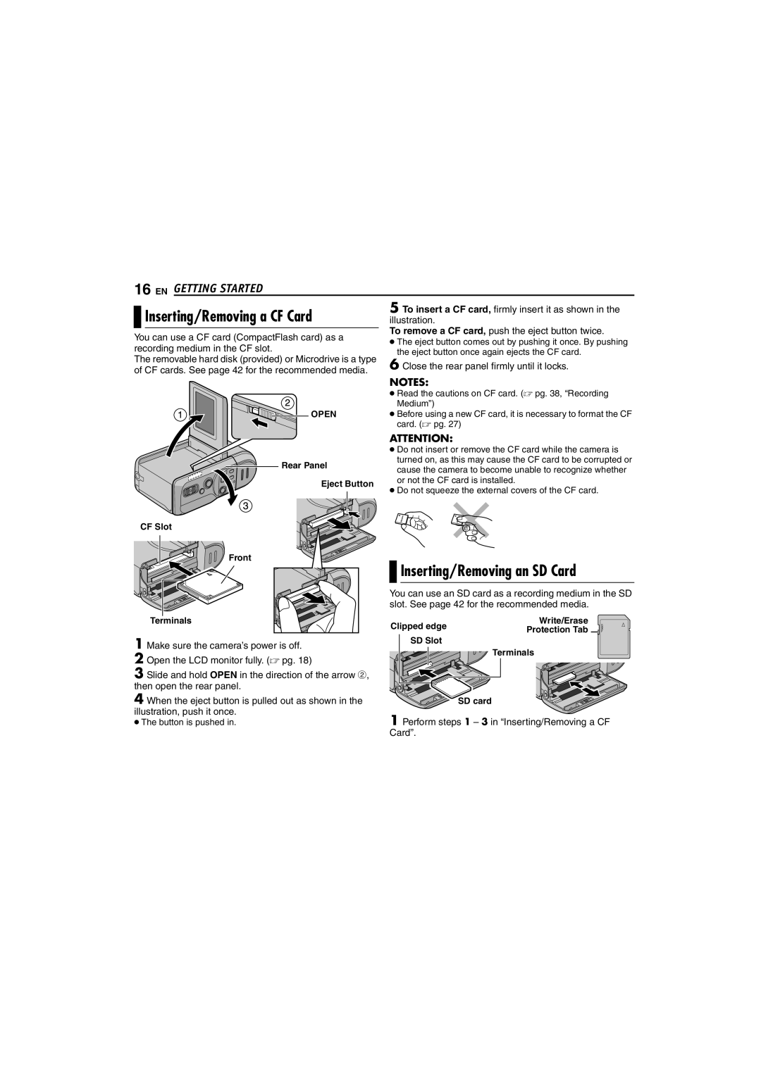 JVC GZ-MC100US instruction manual Inserting/Removing a CF Card, Inserting/Removing an SD Card 