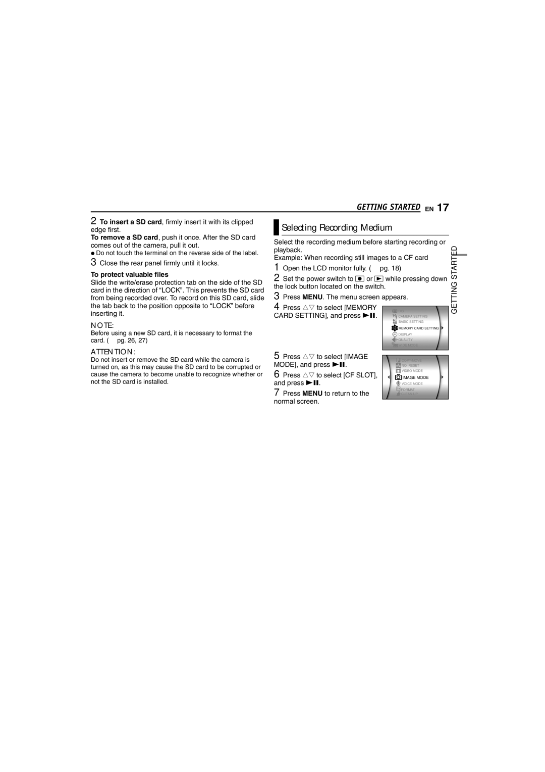 JVC GZ-MC100US instruction manual Selecting Recording Medium, To protect valuable files 