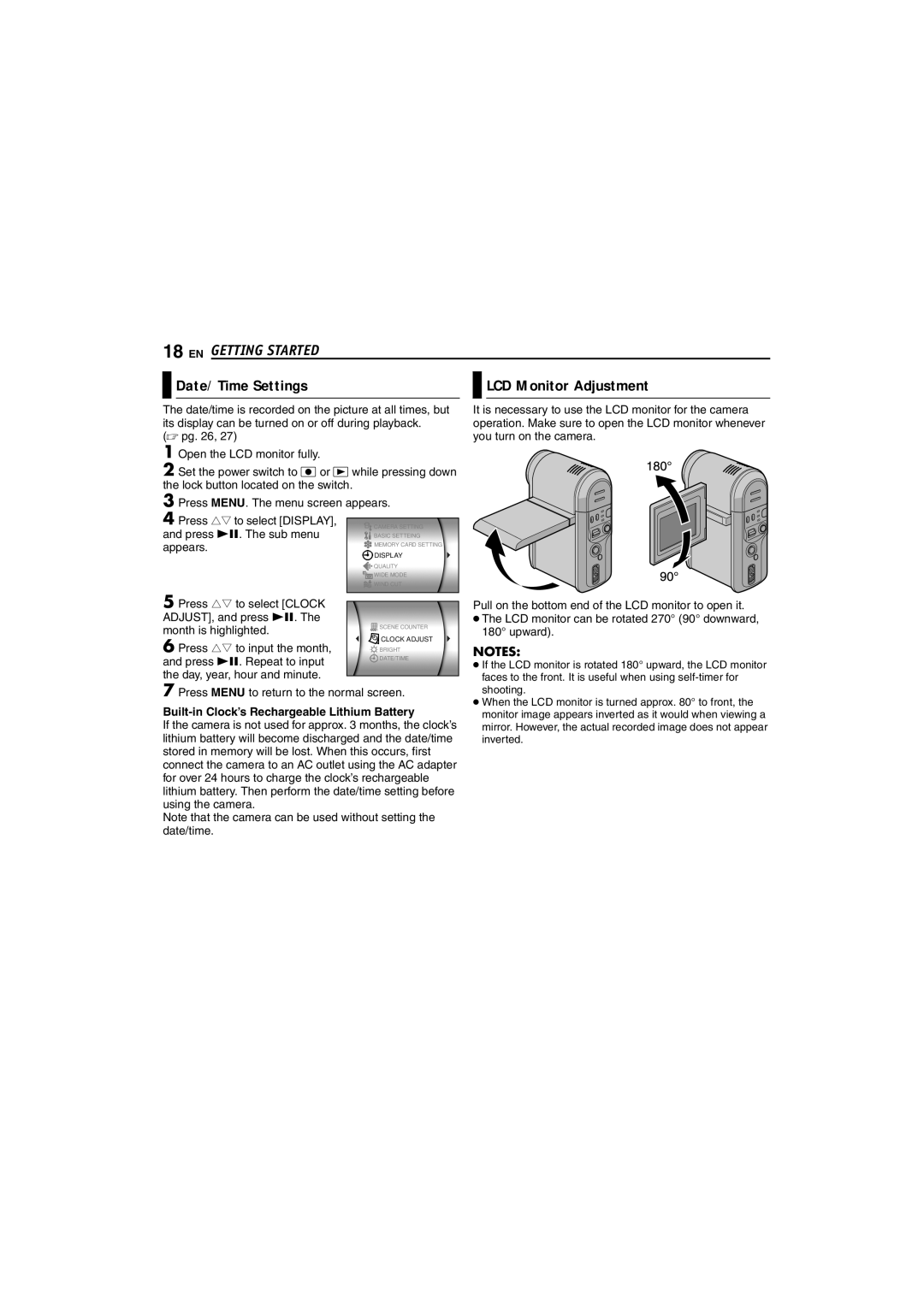 JVC GZ-MC100US instruction manual Date/Time Settings LCD Monitor Adjustment, Built-in Clock’s Rechargeable Lithium Battery 