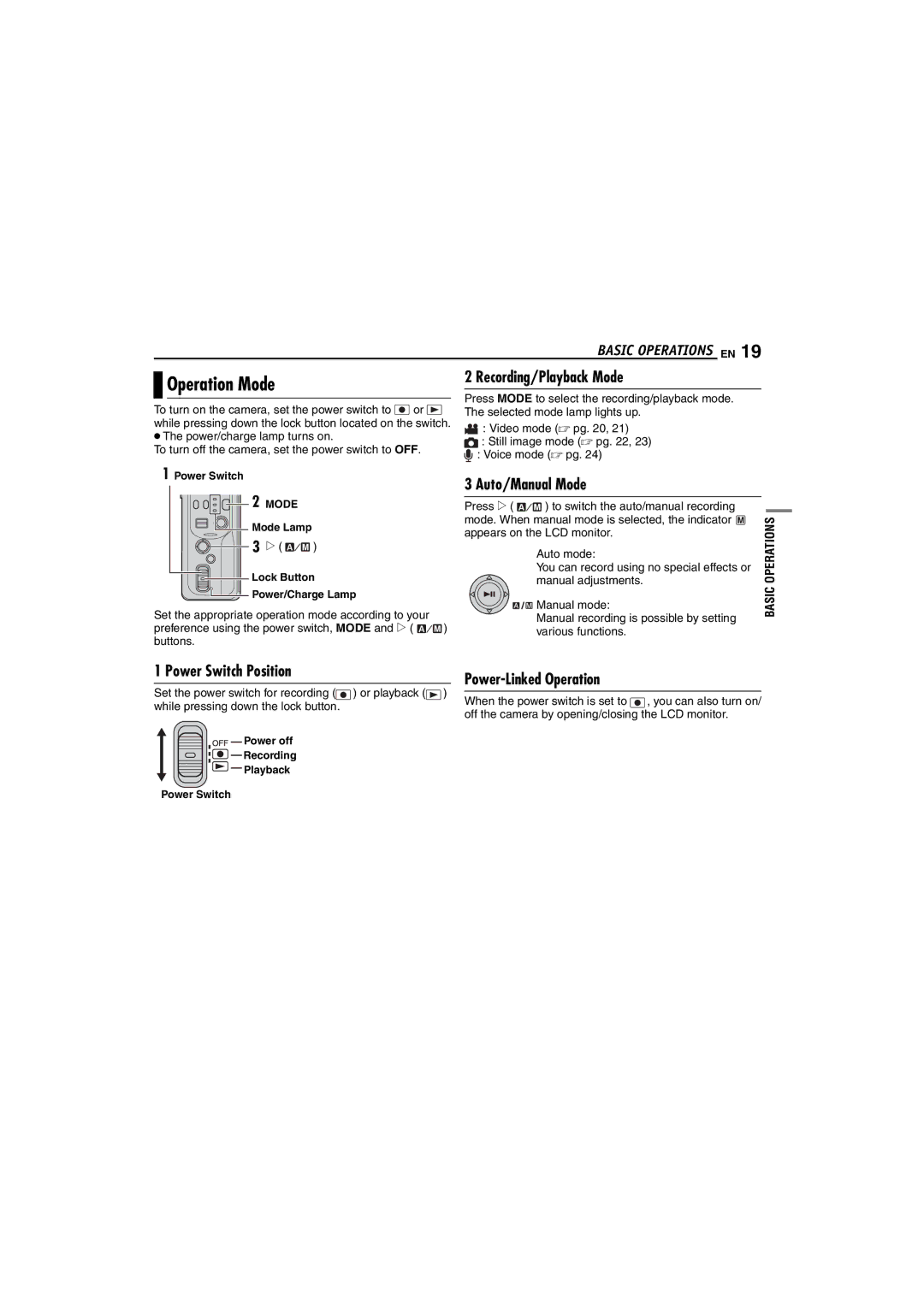 JVC GZ-MC100US Operation Mode, Recording/Playback Mode, Auto/Manual Mode, Power Switch Position, Power-Linked Operation 