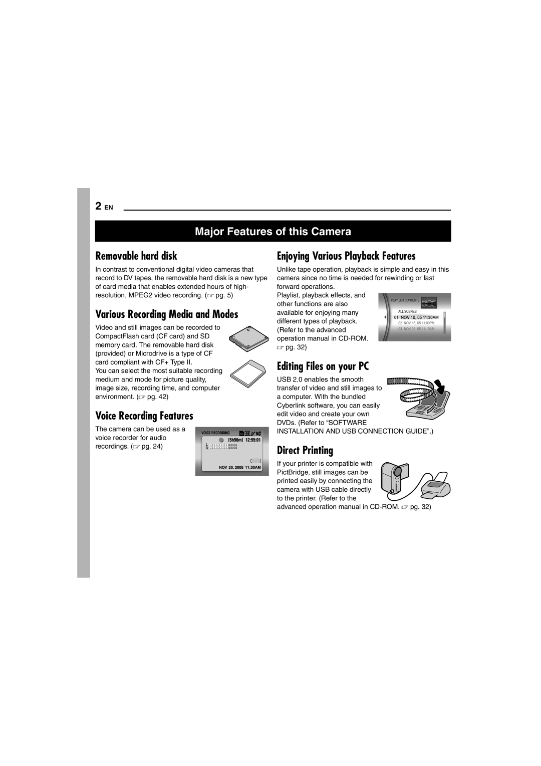 JVC GZ-MC100US instruction manual Removable hard disk, Voice Recording Features, Editing Files on your PC, Direct Printing 