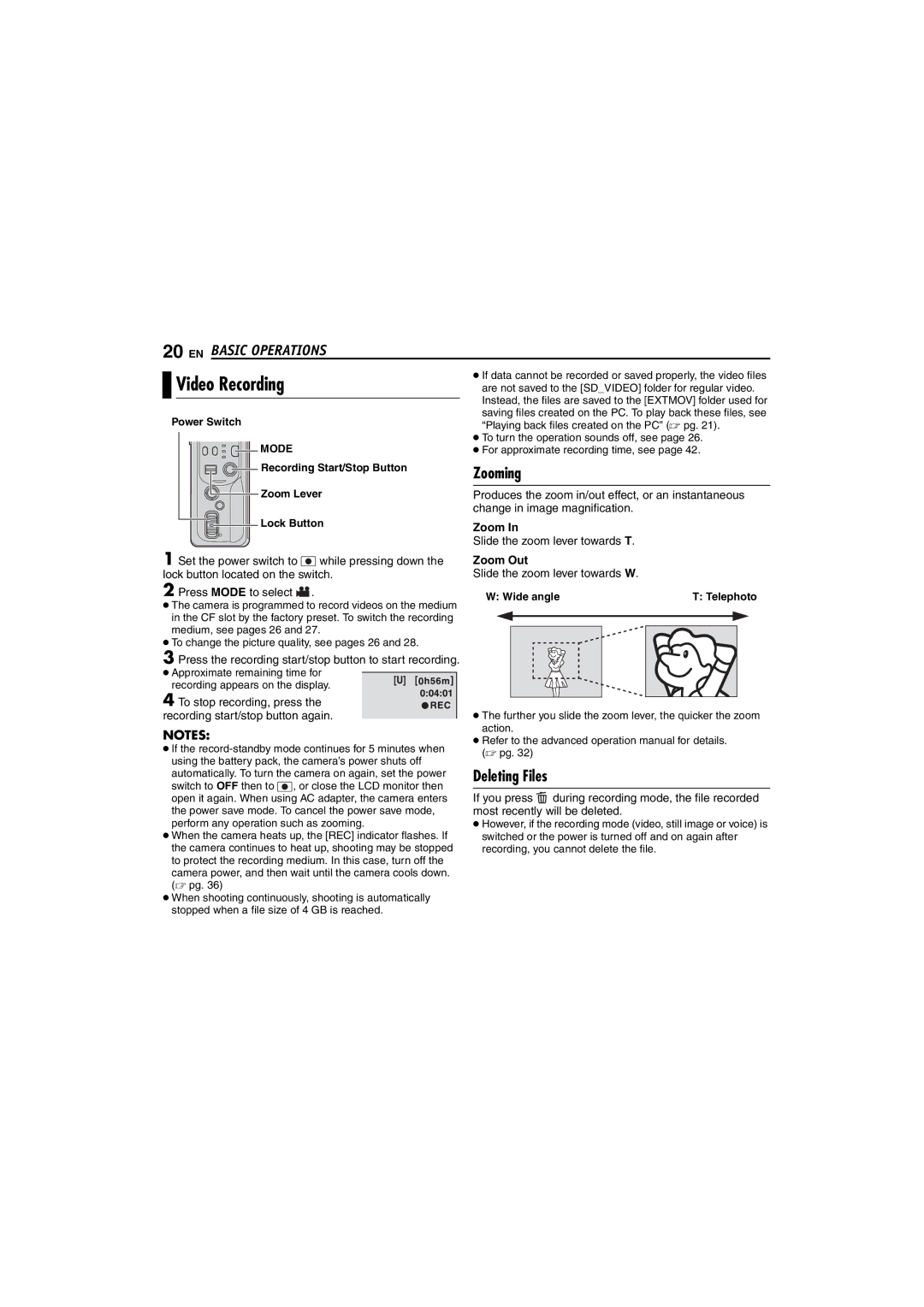 JVC GZ-MC100US instruction manual Video Recording, Zooming, Deleting Files, Zoom Out 