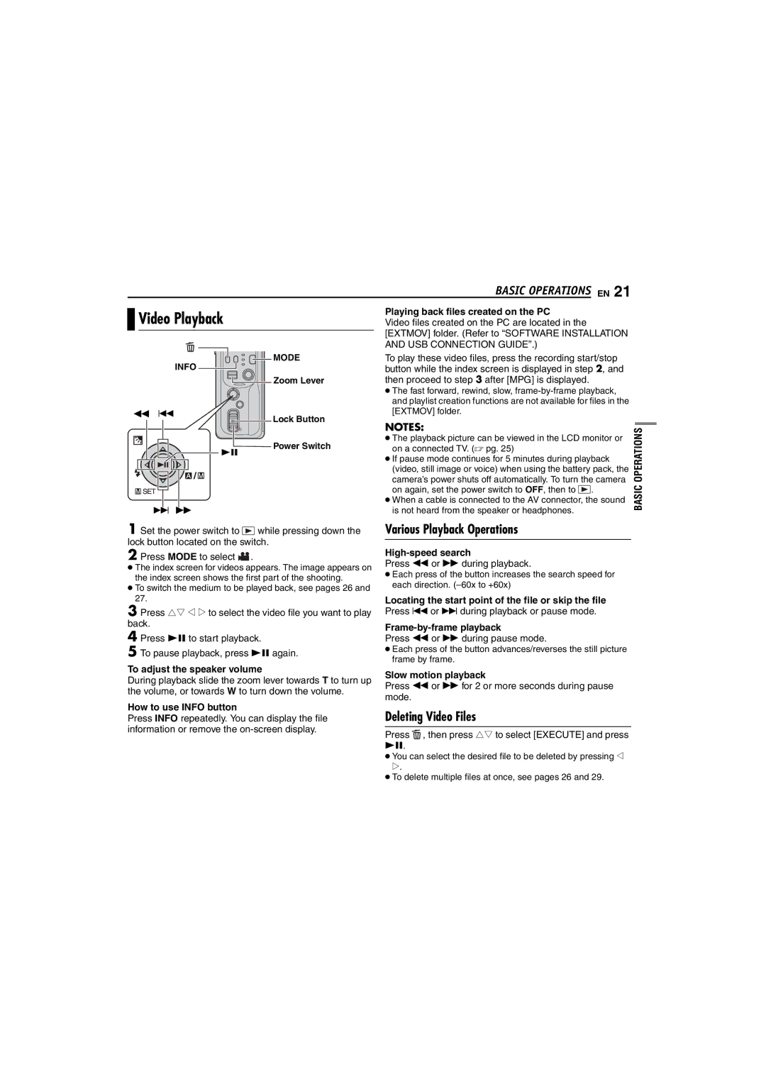 JVC GZ-MC100US instruction manual Video Playback, Various Playback Operations, Deleting Video Files 