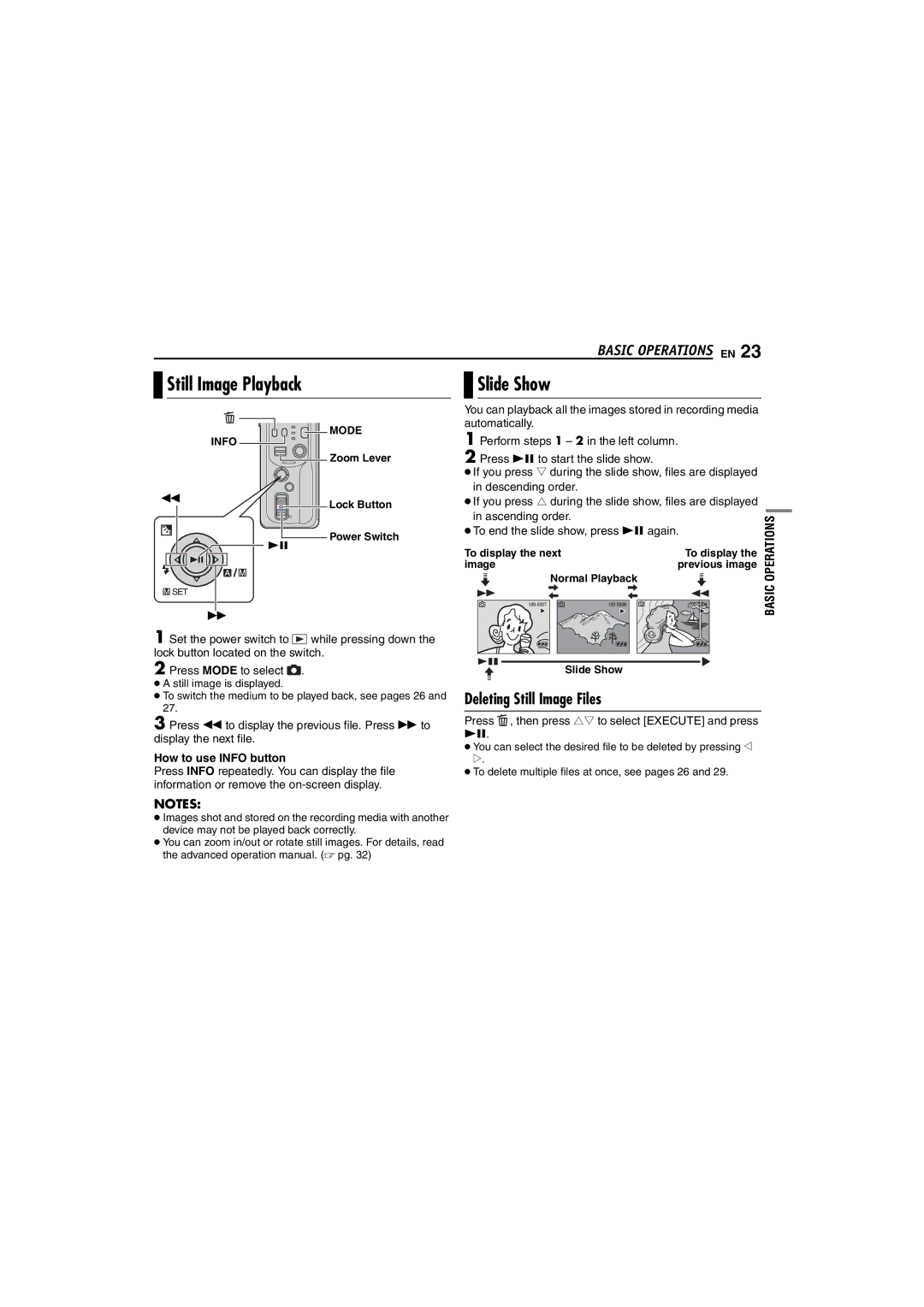 JVC GZ-MC100US Still Image Playback, Slide Show, Deleting Still Image Files, To end the slide show, press 49 again 