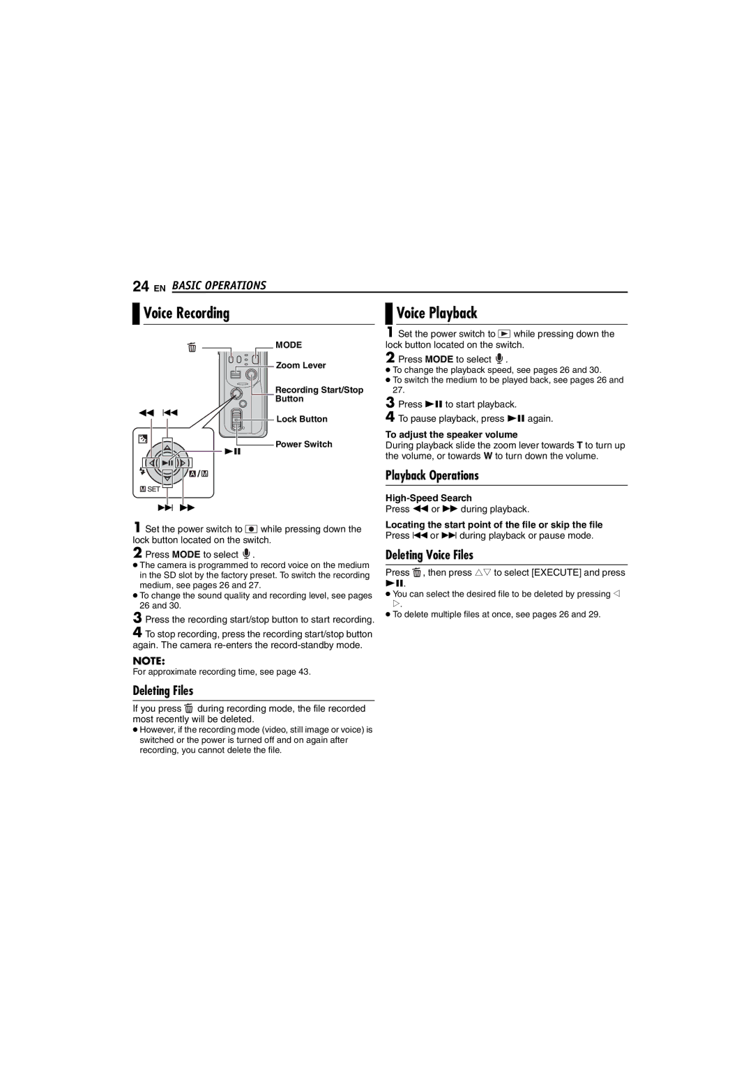 JVC GZ-MC100US instruction manual Voice Recording, Voice Playback, Playback Operations, Deleting Voice Files 