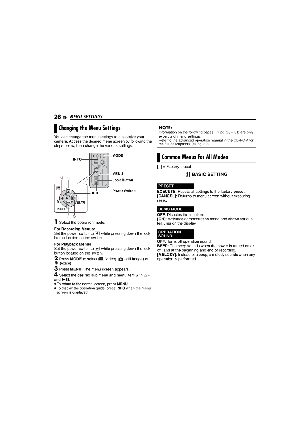 JVC GZ-MC100US Changing the Menu Settings, Common Menus for All Modes, Preset, Demo Mode, Operation Sound 