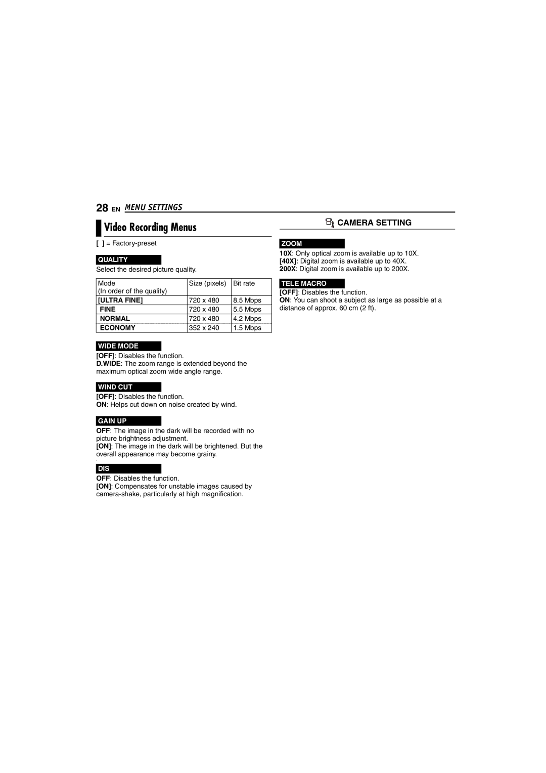 JVC GZ-MC100US instruction manual Video Recording Menus 