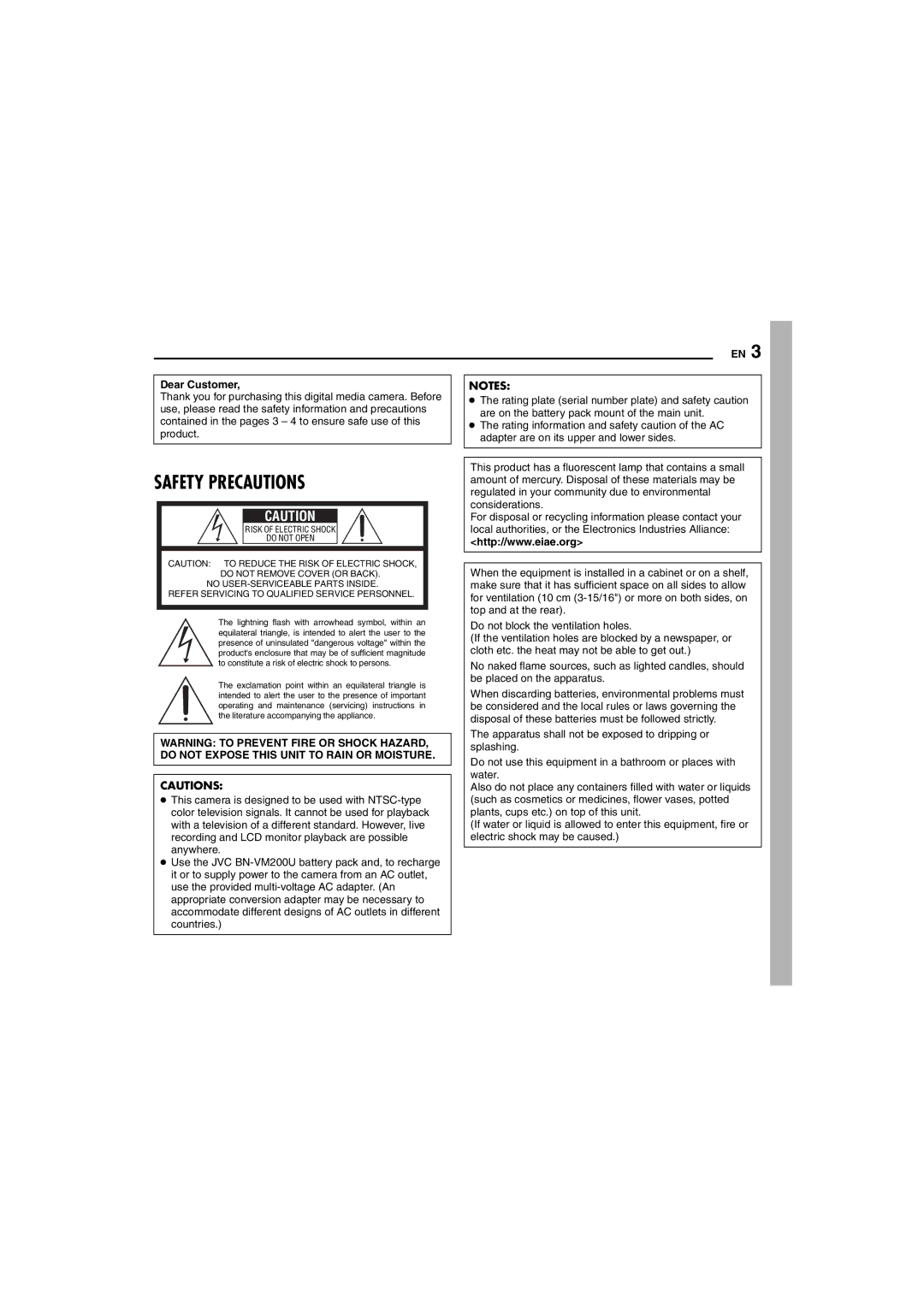 JVC GZ-MC100US instruction manual Safety Precautions, Dear Customer 