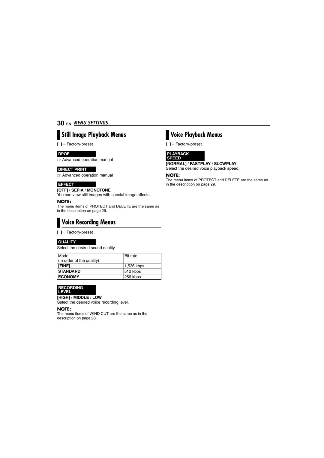 JVC GZ-MC100US Still Image Playback Menus Voice Playback Menus, Voice Recording Menus, Dpof Direct Print Effect 