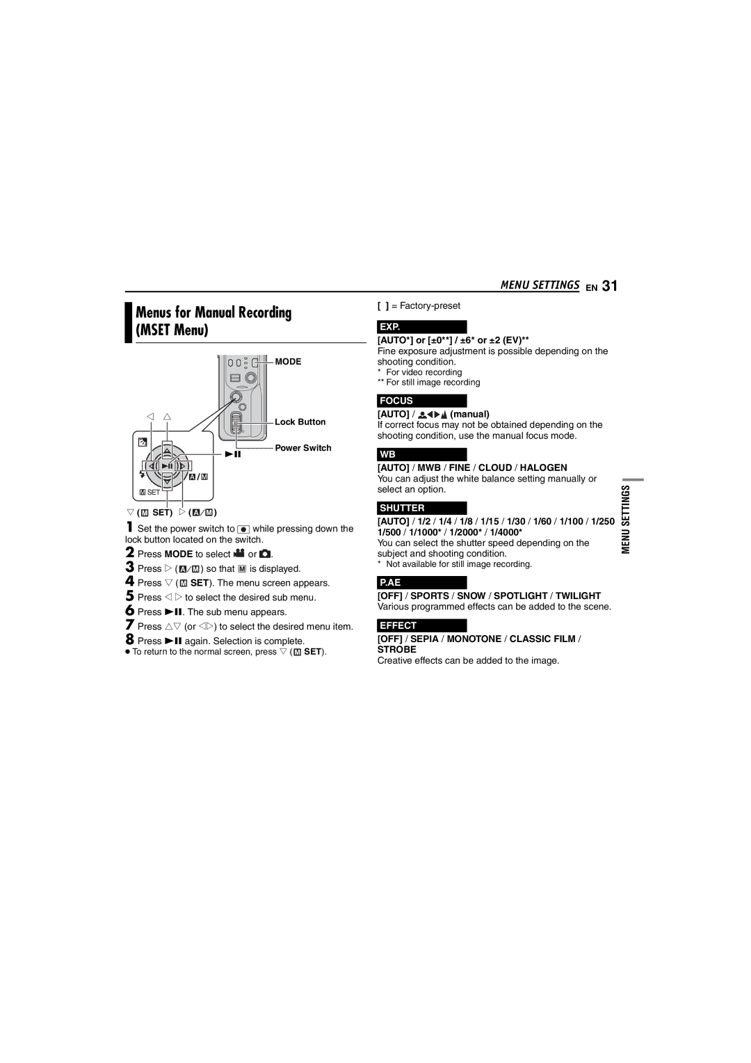 JVC GZ-MC100US instruction manual Menus for Manual Recording, Mset Menu, Exp, Focus, Shutter 