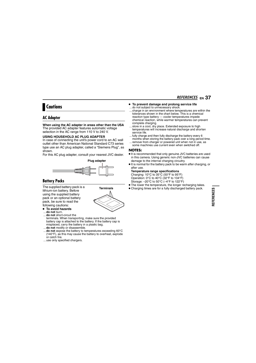 JVC GZ-MC100US instruction manual AC Adapter, Battery Packs, Using Household AC Plug Adapter, To avoid hazards 