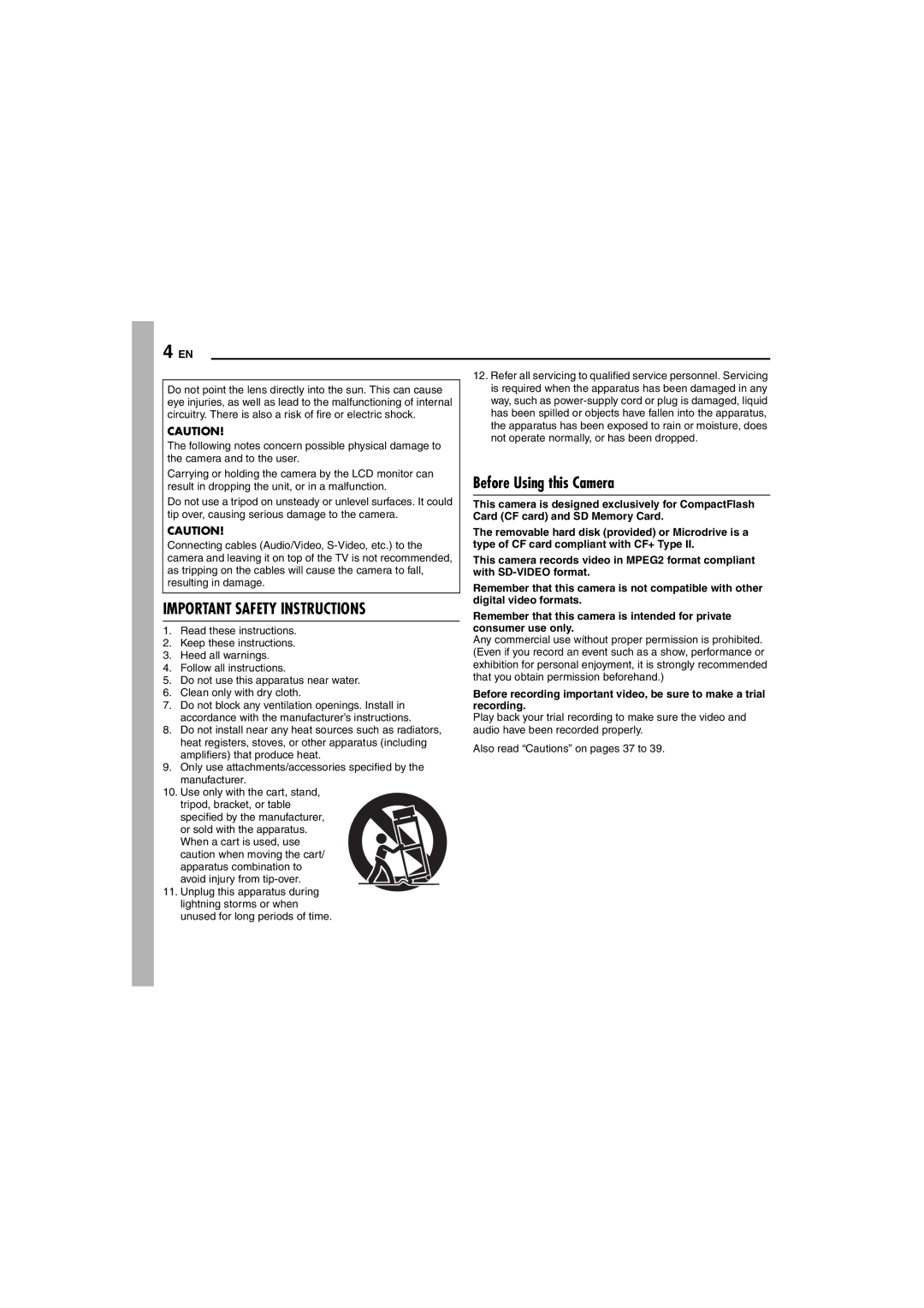 JVC GZ-MC100US instruction manual Important Safety Instructions, Before Using this Camera 