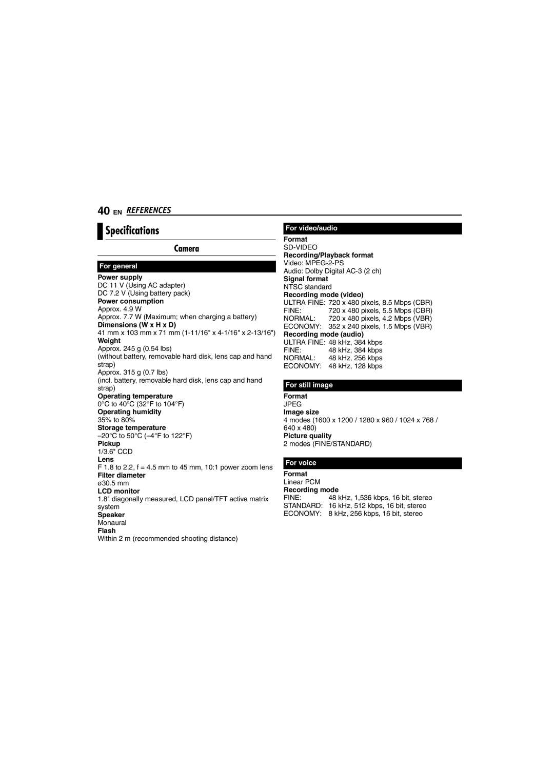 JVC GZ-MC100US instruction manual Specifications, Camera 