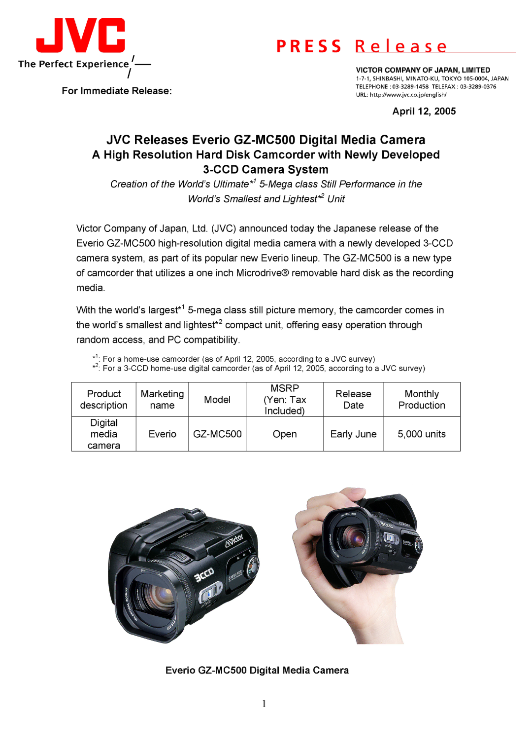 JVC manual For Immediate Release April 12, Everio GZ-MC500 Digital Media Camera 