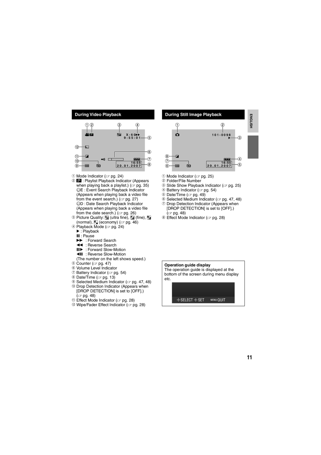 JVC GZ-MG135E/EK During Video Playback, During Still Image Playback, Mode Indicator  pg, Operation guide display 