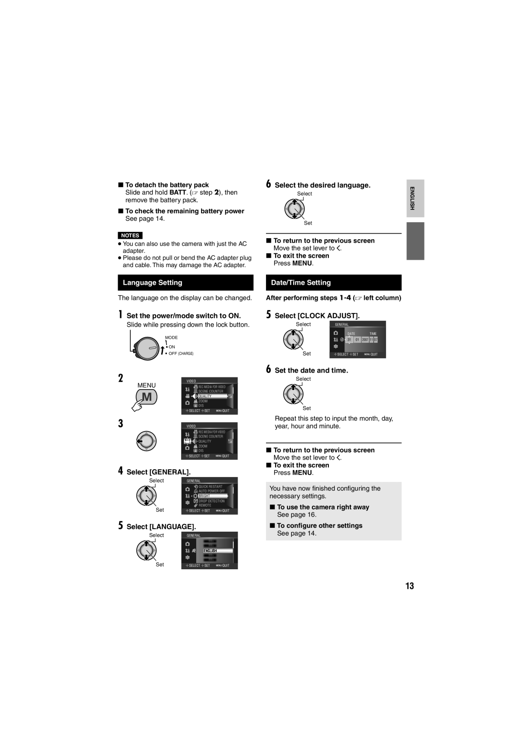 JVC GZ-MG255E/EK, GZ-MG155E/EK, GZ-MG135E/EK Language Setting, Date/Time Setting, Select General, Select Language 